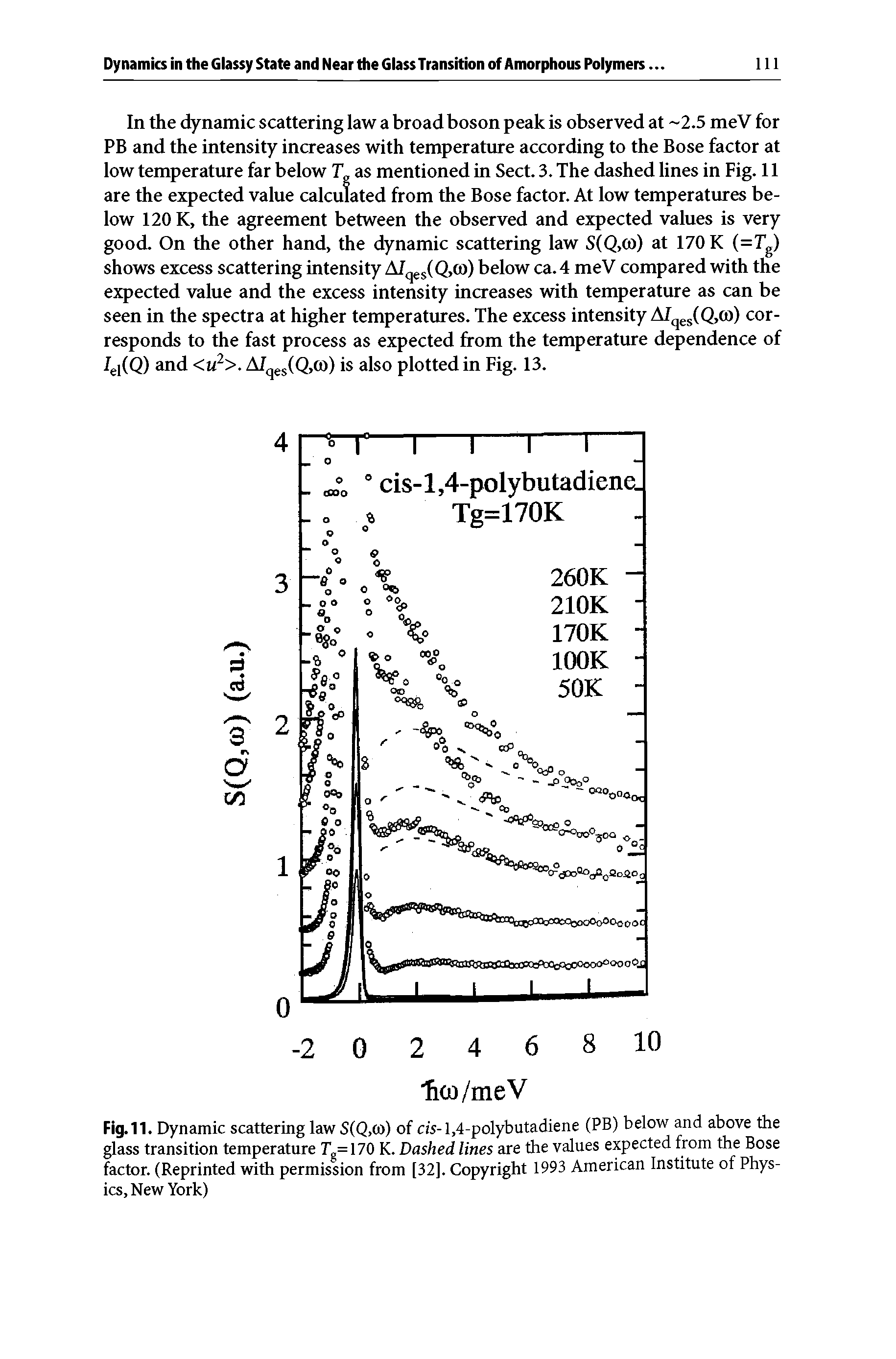 Fig.11. Dynamic scattering law S(Q,co) of cis-1,4-polybutadiene (PB) below and above the glass transition temperature rg=170 K. Dashed lines are the values expected from the Bose factor. (Reprinted with permission from [32]. Copyright 1993 American Institute of Physics, New York)...