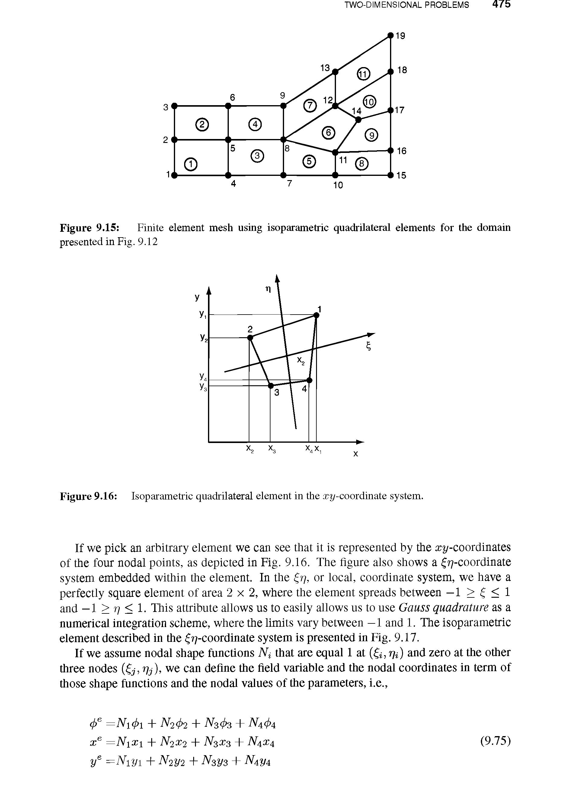 Figure 9.16 Isoparametric quadrilateral element in the xy-coordinate system.