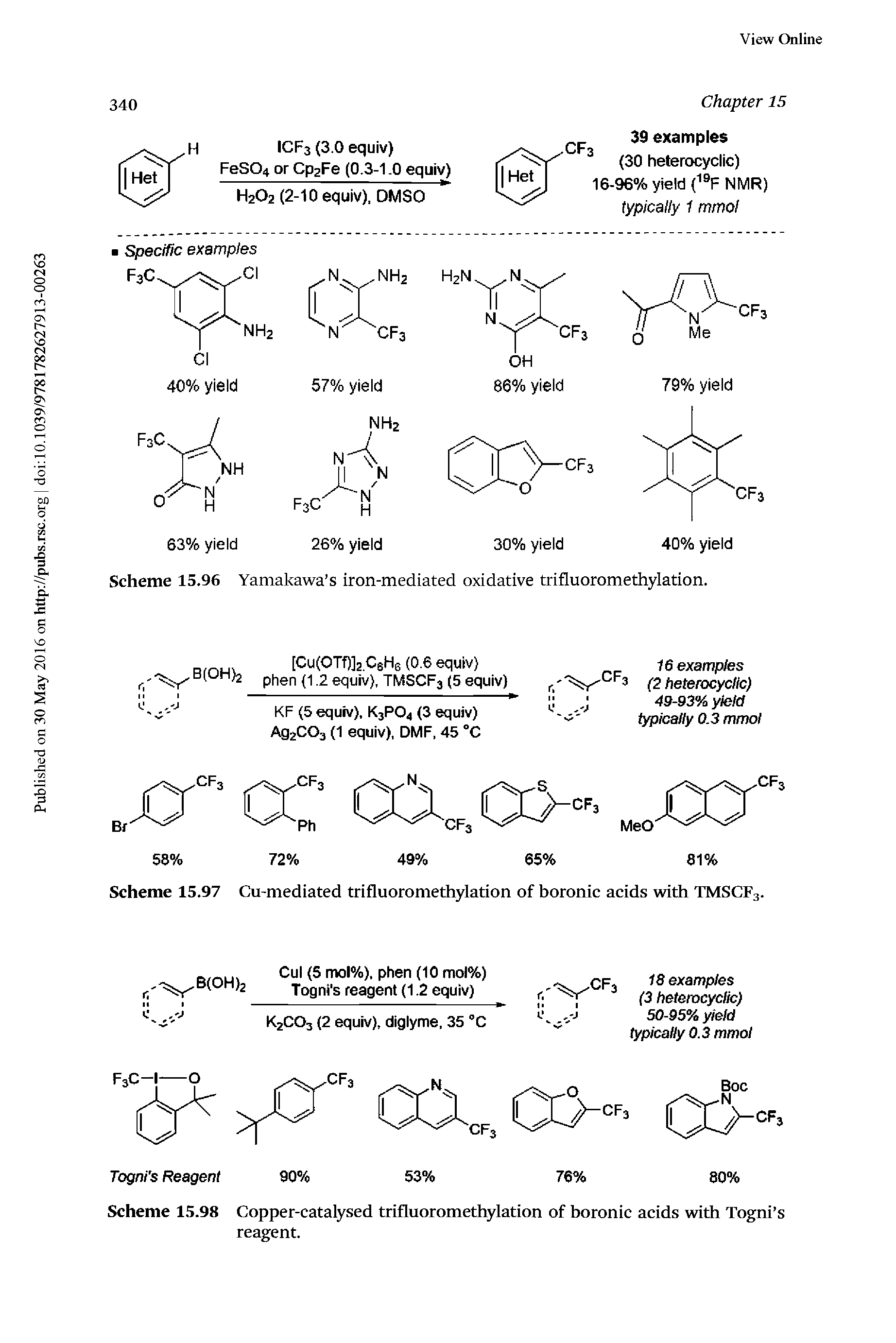 Scheme 15.97 Cu-mediated trifluoromethylation of boronic acids with TMSCF3.