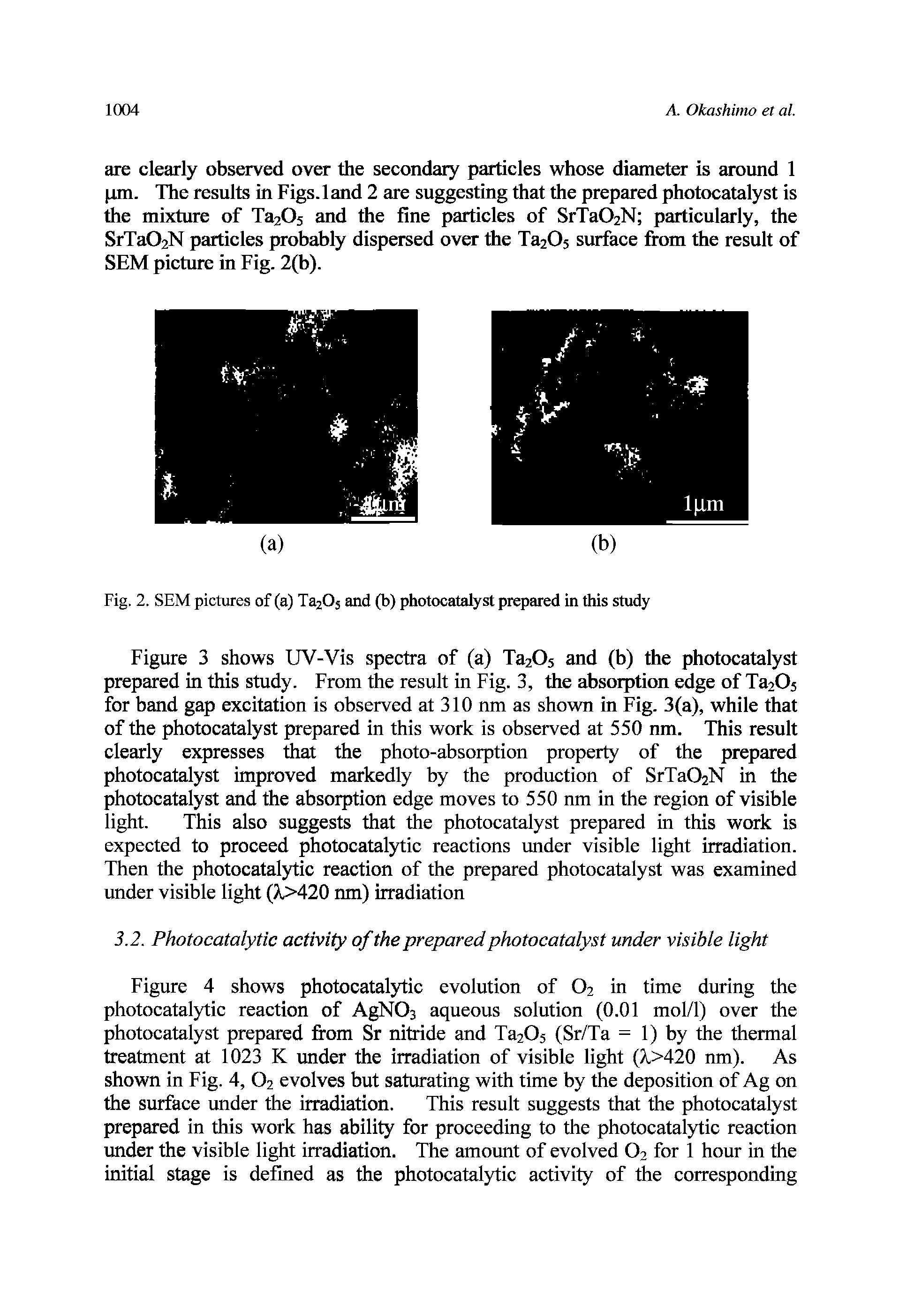 Figure 4 shows photocatalytic evolution of O2 in time during the photocatalytic reaction of AgNOa aqueous solution (0.01 mol/1) over the photocatalyst prepared fi om Sr nitride and Ta205 (Sr/Ta = 1) by the thermal treatment at 1023 K under the irradiation of visible light (X>420 nm). As shown in Fig. 4, O2 evolves but saturating with time by the deposition of Ag on the surface under the irradiation. This result suggests that the photocatalyst prepared in this work has ability for proceeding to the photocatalytic reaction under the visible light irradiation. The amount of evolved O2 for 1 hour in the initial stage is defined as the photocatalytic activity of the corresponding...