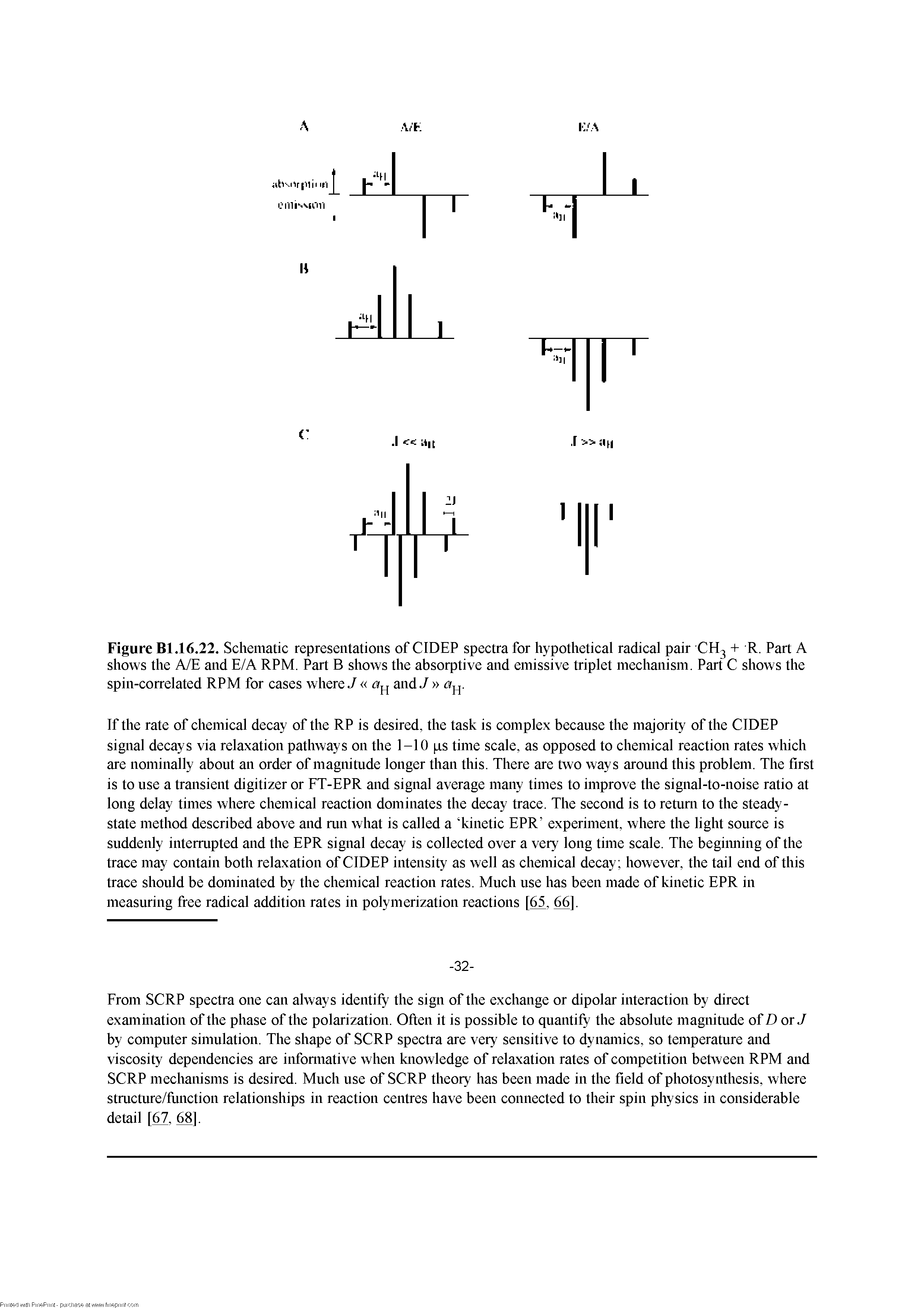 Figure Bl.16.22. Schematic representations of CIDEP spectra for hypothetical radical pair CH + R. Part A shows the A/E and E/A RPM. Part B shows the absorptive and emissive triplet mechanism. Part C shows the spin-correlated RPM for cases where J and J a.. ...