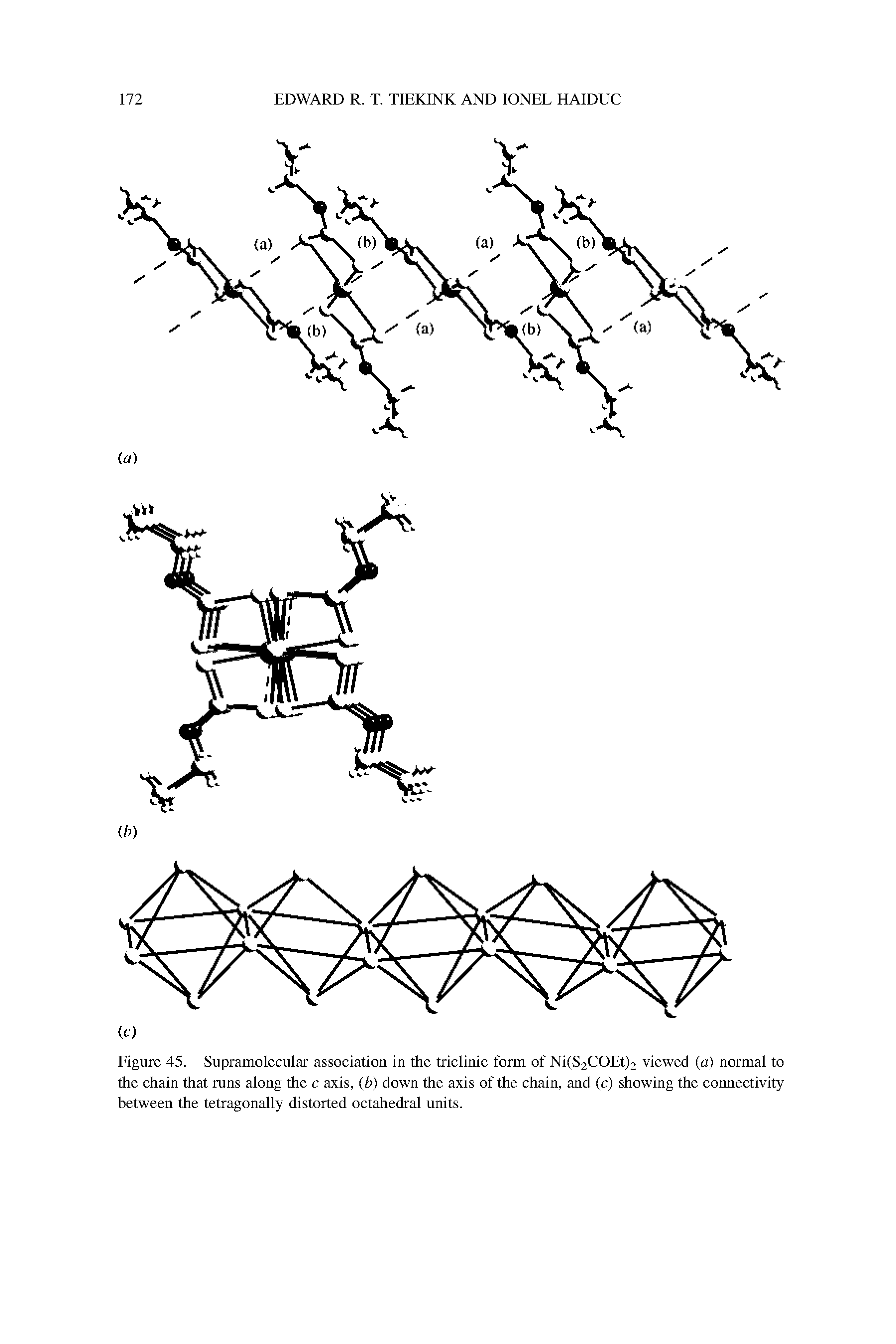 Figure 45. Supramolecular association in the triclinic form of Ni(S2COEt)2 viewed (a) normal to the chain that runs along the c axis, (b) down the axis of the chain, and (c) showing the connectivity between the tetragonally distorted octahedral units.