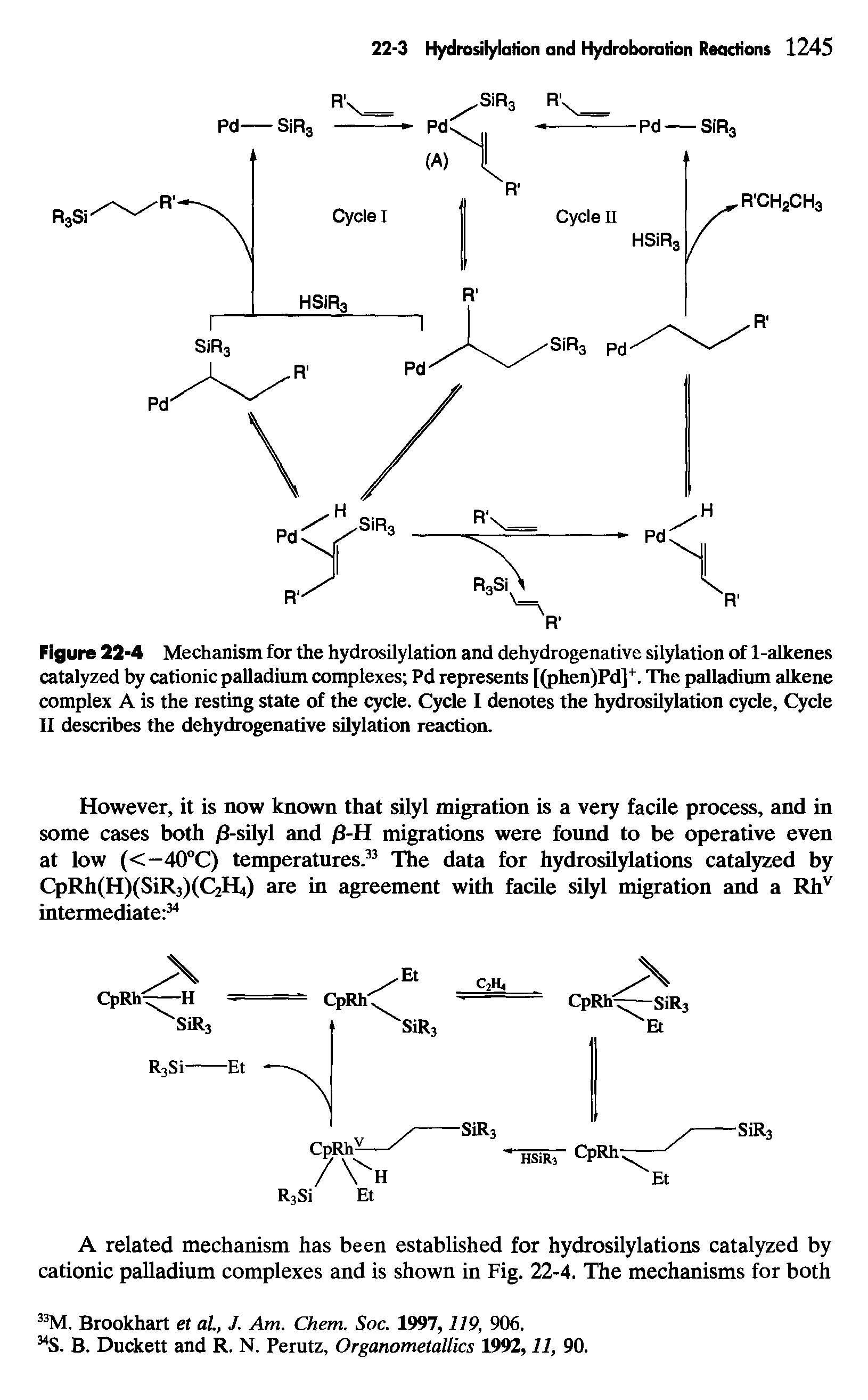 Figure 22-4 Mechanism for the hydrosilylation and dehydrogenative silylation of 1-alkenes catalyzed by cationic palladium complexes Pd represents [(phen)Pd]+. The palladium alkene complex A is the resting state of the cycle. Cycle I denotes the hydrosilylation cycle, Cycle II describes the dehydrogenative silylation reaction.