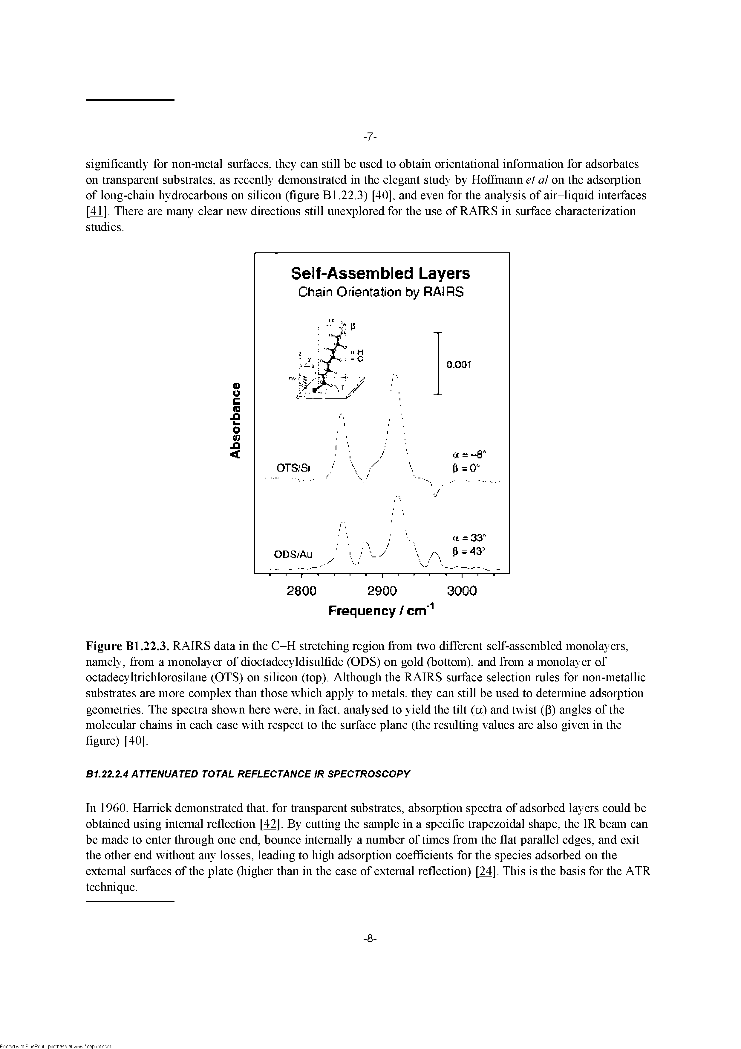 Figure Bl.22.3. RAIRS data in the C-H stretching region from two different self-assembled monolayers, namely, from a monolayer of dioctadecyldisulfide (ODS) on gold (bottom), and from a monolayer of octadecyltrichlorosilane (OTS) on silicon (top). Although the RAIRS surface selection rules for non-metallic substrates are more complex than those which apply to metals, they can still be used to detemiine adsorption geometries. The spectra shown here were, in fact, analysed to yield the tilt (a) and twist (p) angles of the molecular chains in each case with respect to the surface plane (the resulting values are also given in the figure) [40].