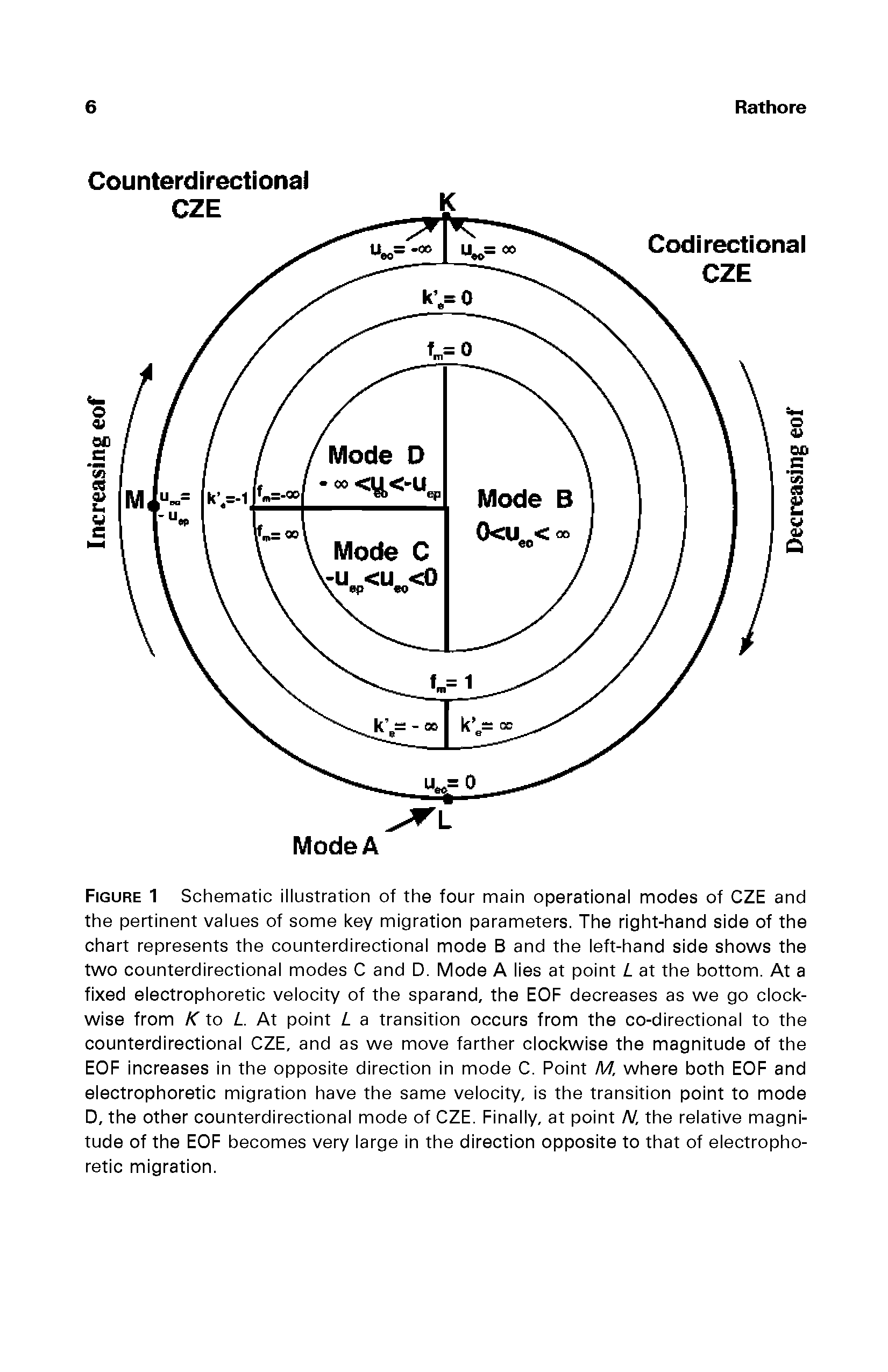 Figure 1 Schematic illustration of the four main operational modes of CZE and the pertinent values of some key migration parameters. The right-hand side of the chart represents the counterdirectional mode B and the left-hand side shows the two counterdirectional modes C and D. Mode A lies at point L at the bottom. At a fixed electrophoretic velocity of the sparand, the EOF decreases as we go clockwise from K to L. At point L a transition occurs from the co-directional to the counterdirectional CZE, and as we move farther clockwise the magnitude of the EOF increases in the opposite direction in mode C. Point M, where both EOF and electrophoretic migration have the same velocity, is the transition point to mode D, the other counterdirectional mode of CZE. Finally, at point N, the relative magnitude of the EOF becomes very large in the direction opposite to that of electrophoretic migration.