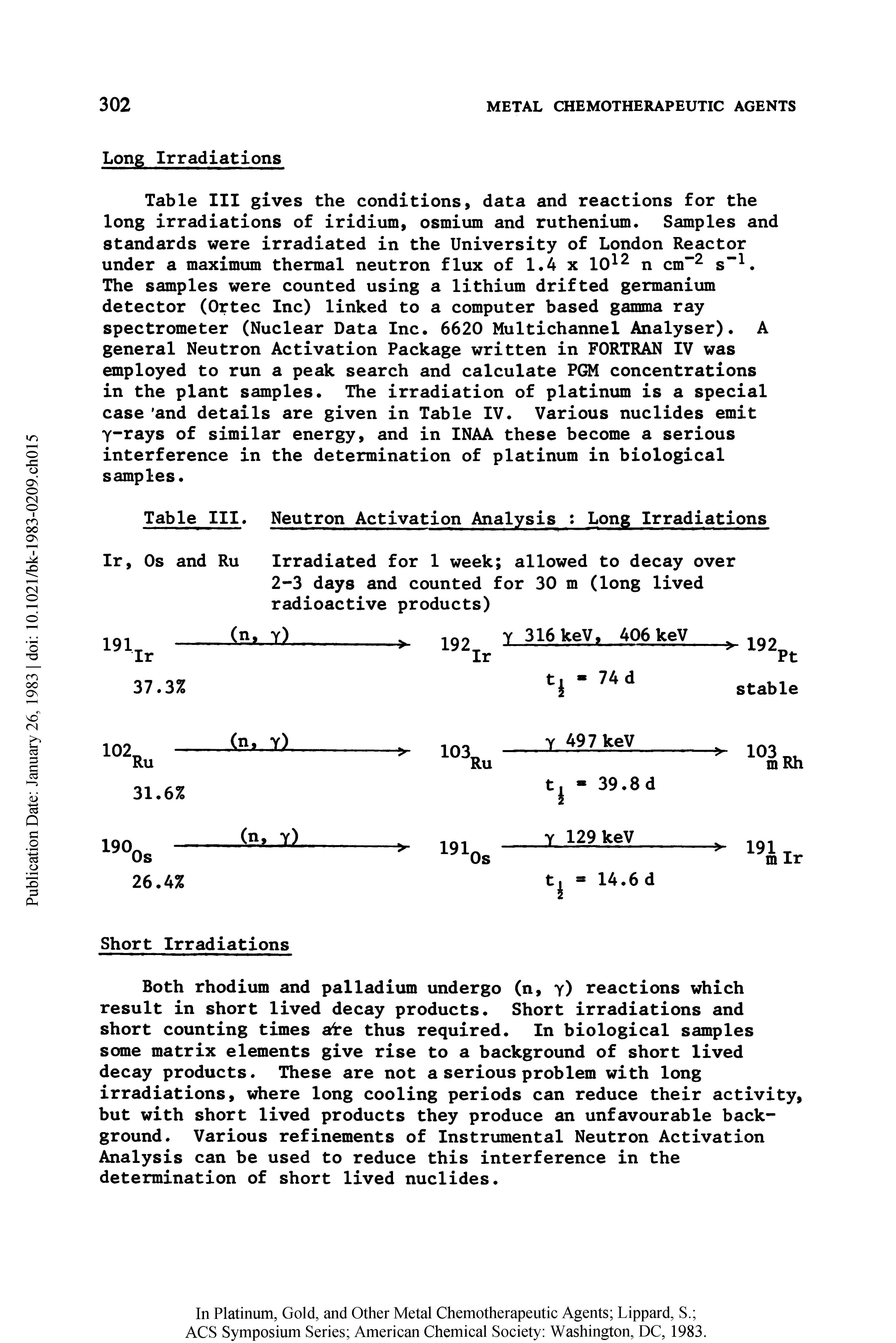 Table III gives the conditions, data and reactions for the long irradiations of iridium, osmium and ruthenium. Samples and standards were irradiated in the University of London Reactor under a maximum thermal neutron flux of 1.4 x 10 n cm" s". The samples were counted using a lithium drifted germanium detector (Ortec Inc) linked to a computer based gamma ray spectrometer (Nuclear Data Inc. 6620 Multichannel Analyser). A general Neutron Activation Package written in FORTRAN IV was employed to run a peak search and calculate PGM concentrations in the plant samples. The irradiation of platinum is a special case and details are given in Table IV. Various nuclides emit y-rays of similar energy, and in INAA these become a serious interference in the determination of platinum in biological samples.