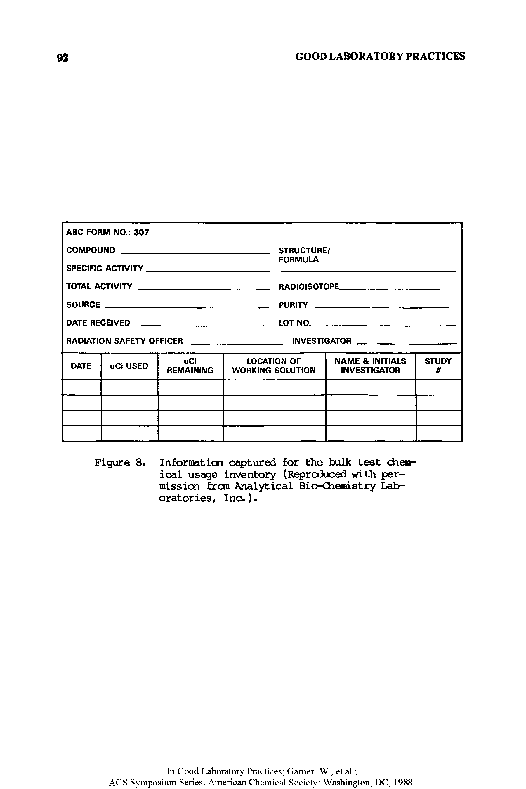 Figure 8. Information captured for the bulk test chemical usage inventory (Reproduced with permission from Analytical Bio-Chemistry Laboratories, Inc.).