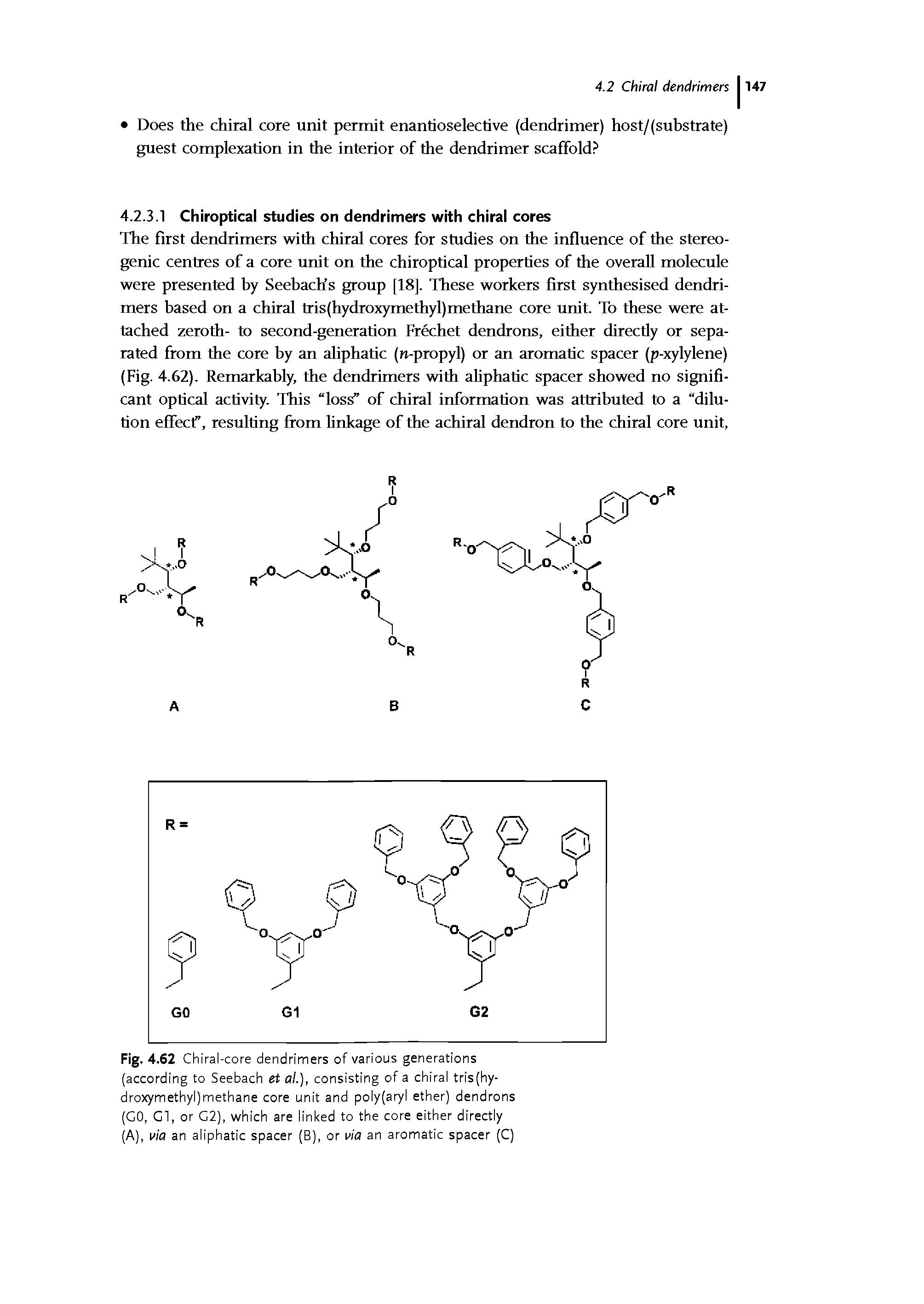 Fig. 4.62 Chiral-core dendrimers of various generations (according to Seebach et al.), consisting of a chiral tris(hydroxymethyl) methane core unit and poly (aryl ether) dendrons (GO, Gl, or G2), which are linked to the core either directly (A), via an aliphatic spacer (B), or via an aromatic spacer (C)...