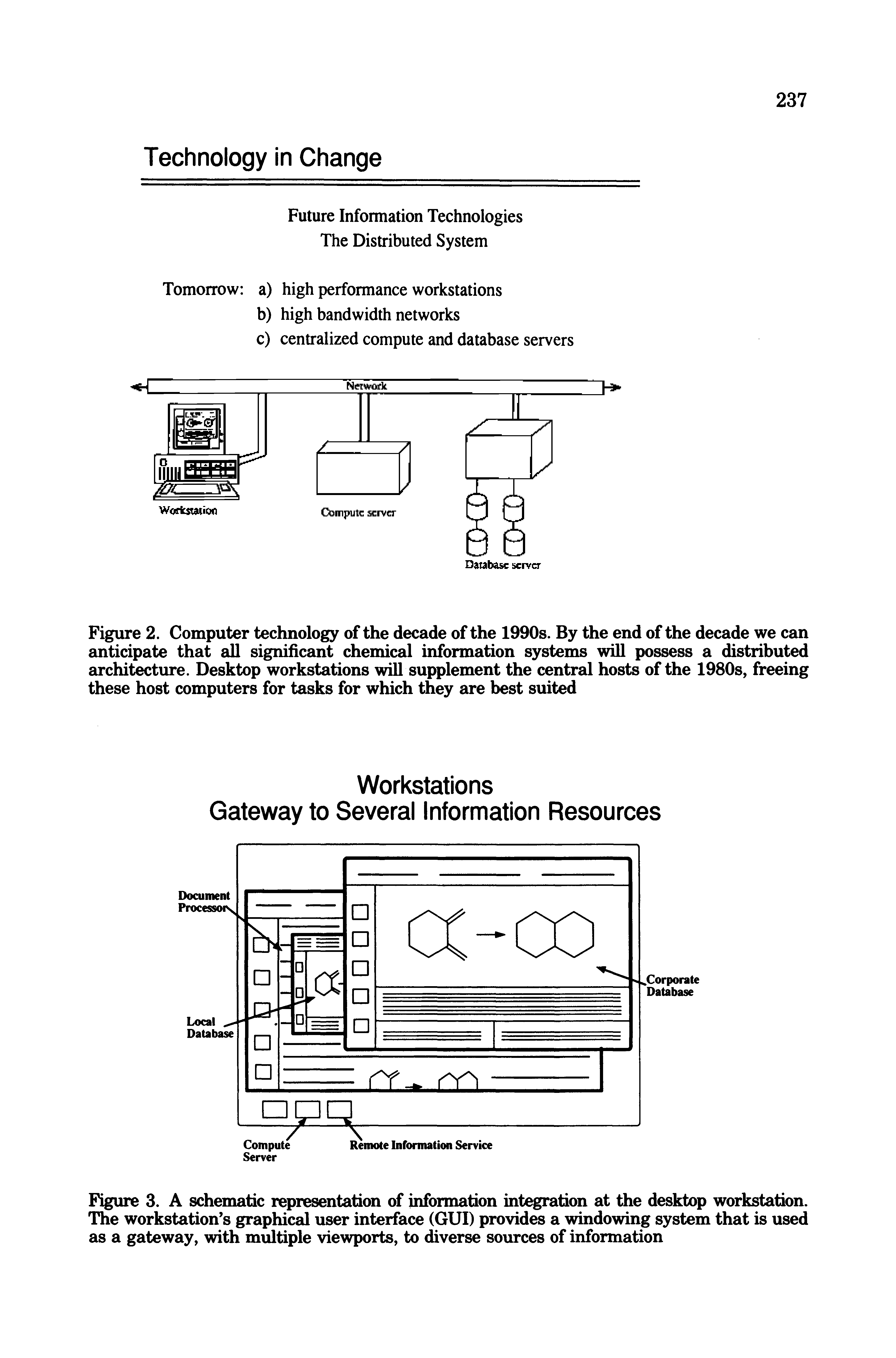 Figure 2. Computer technology of the decade of the 1990s. By the end of the decade we can anticipate that all significant chemical information systems will possess a distributed architecture. Desktop workstations will supplement the central hosts of the 1980s, freeing these host computers for tasks for which they are best suited...