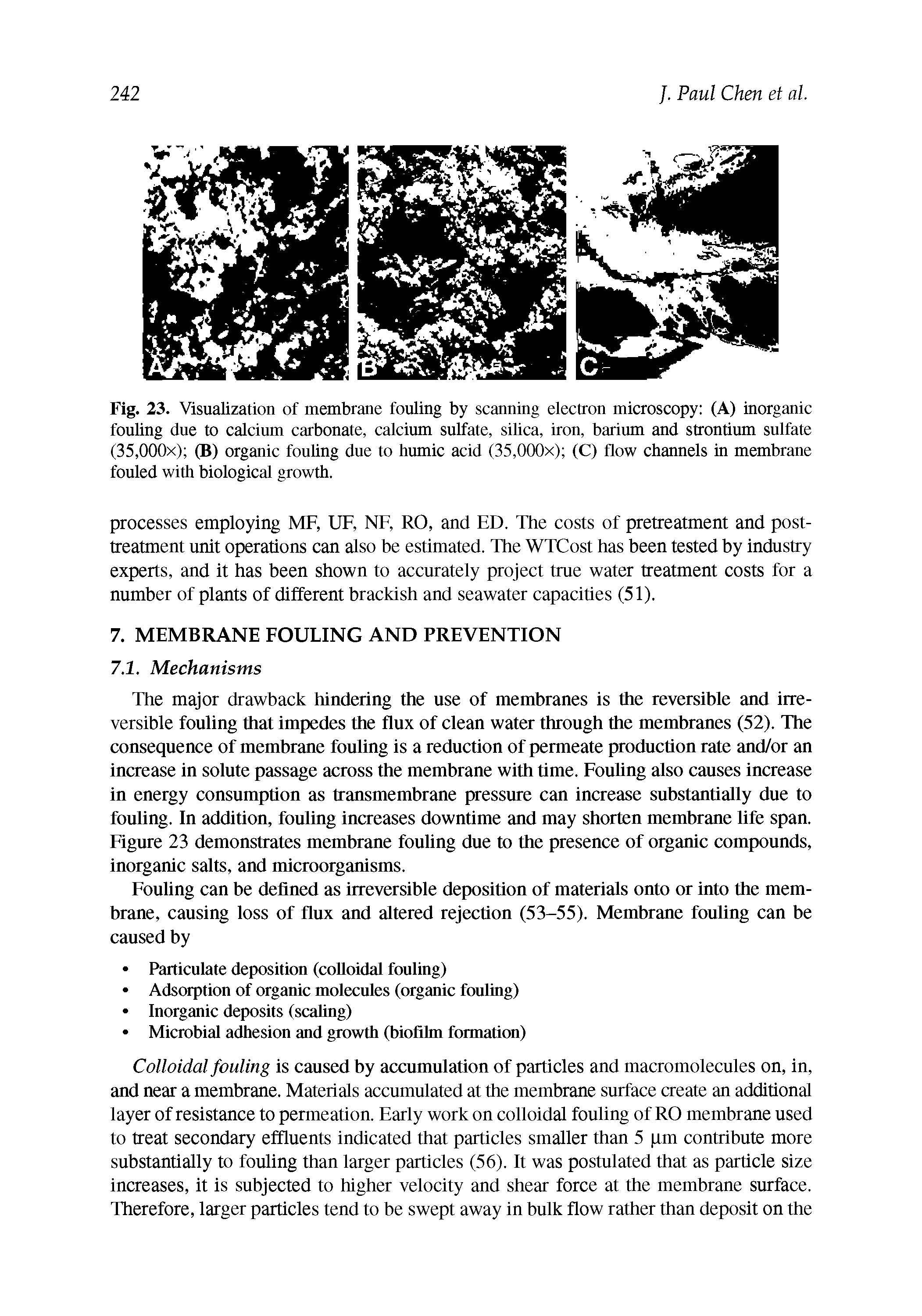 Fig. 23. Visualization of membrane fouling by scanning electron microscopy (A) inorganic fouling dne to calcinm carbonate, calcium sulfate, silica, iron, barium and strontium sulfate (35,000x) (B) organic fonling dne to humic acid (35,000x) (C) flow channels in membrane fouled with biological growth.