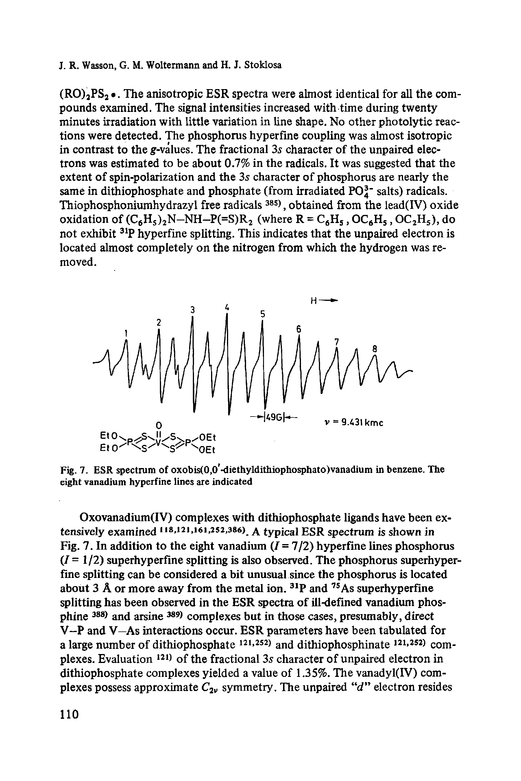 Fig. 7. ESR spectrum of oxobis(0,0 liethyldithiophosphato)vanadium in benzene. The eight vanadium hyperfine lines are indicated...