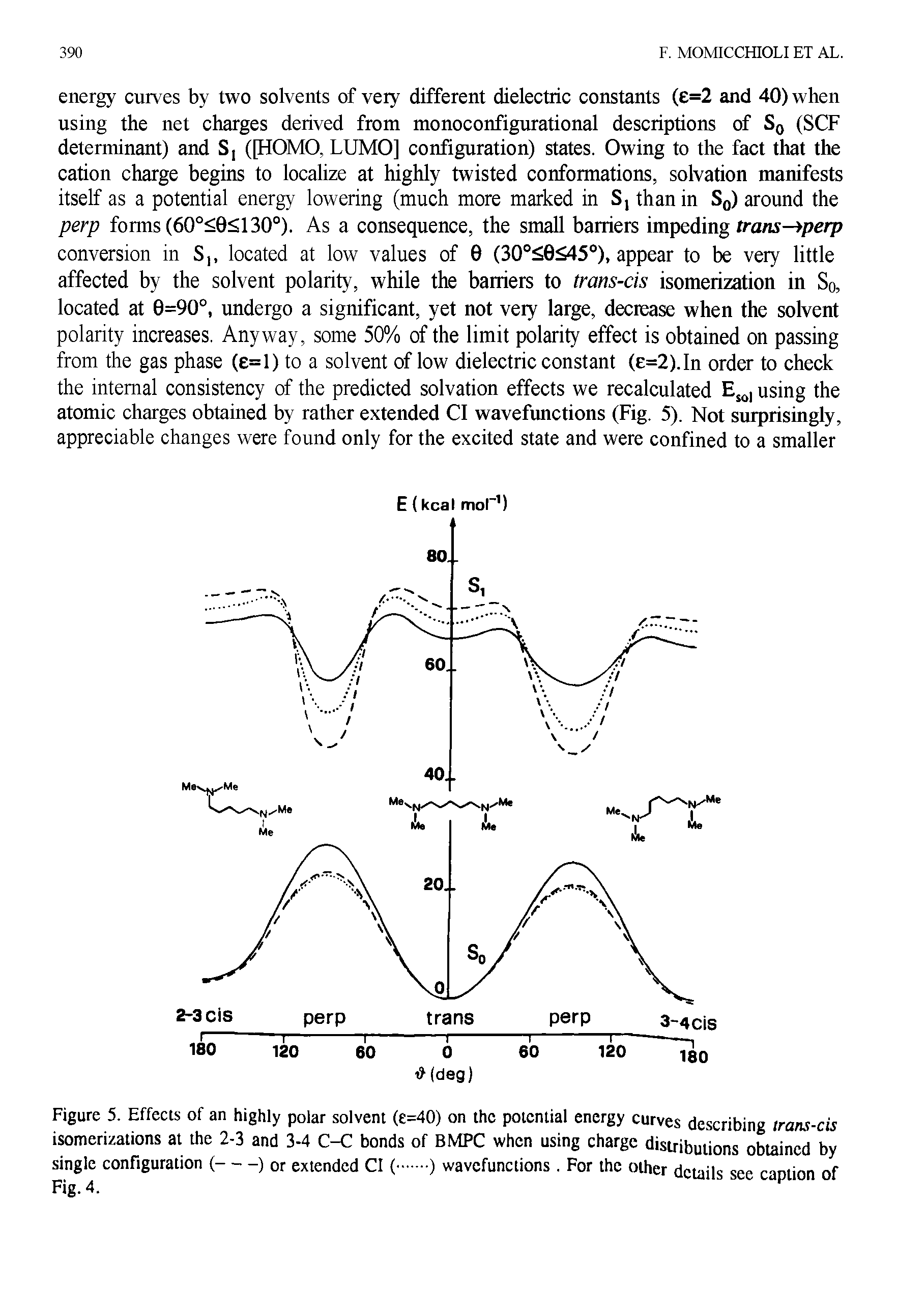 Figure 5. Effects of an highly polar solvent (e=40) on the potential energy curves describing trans-cis isomerizations at the 2-3 and 3-4 C-C bonds of BMPC when using charge distributions obtained by...
