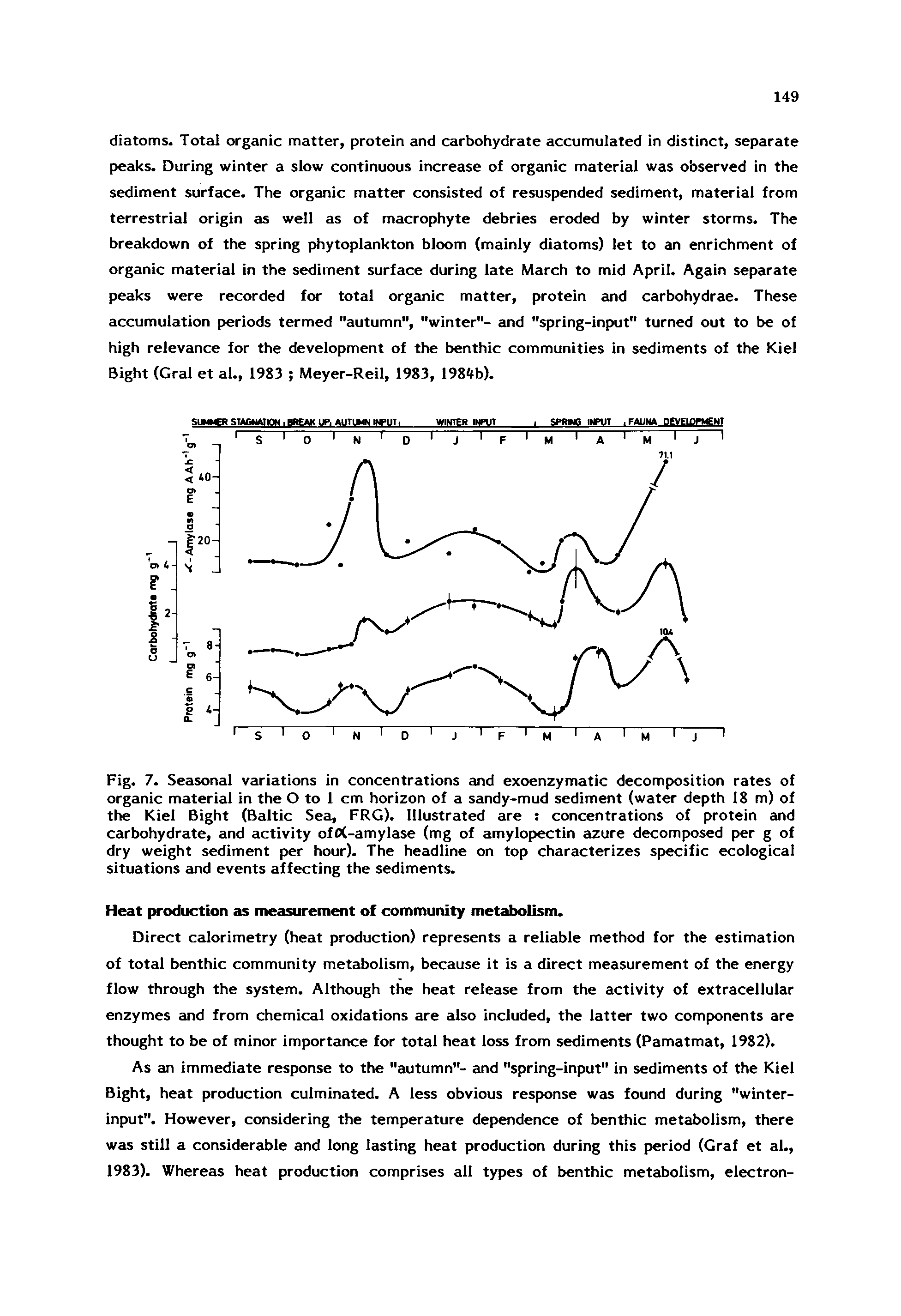 Fig. 7. Seasonal variations in concentrations and exoenzymatic decomposition rates of organic material in the O to 1 cm horizon of a sandy-mud sediment (water depth 18 m) of the Kiel Bight (Baltic Sea, FRG). Illustrated are concentrations of protein and carbohydrate, and activity ofO(-amylase (mg of amylopectin azure decomposed per g of dry weight sediment per hour). The headline on top characterizes specific ecological situations and events affecting the sediments.