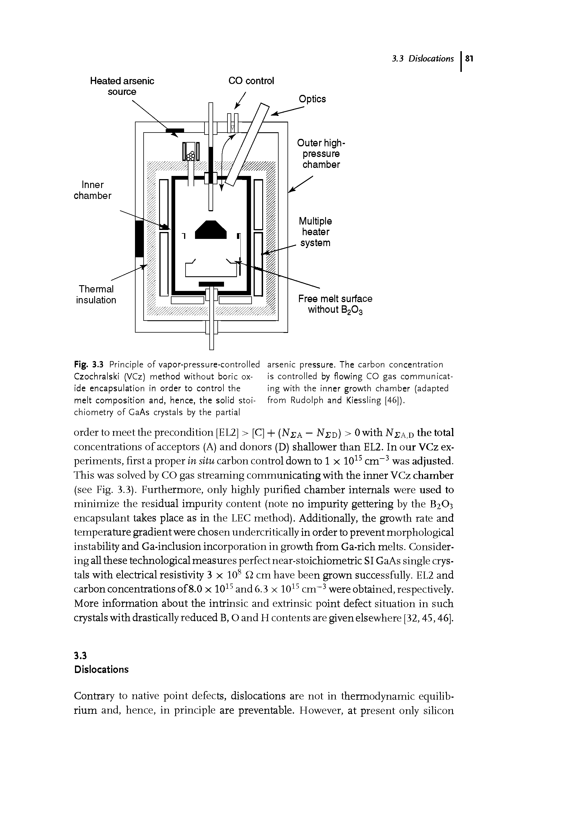 Fig. 3.3 Principle of vapor-pressure-controlled Czochralski (VCz) method without boric oxide encapsulation in order to control the melt composition and, hence, the solid stoichiometry of GaAs crystals by the partial...