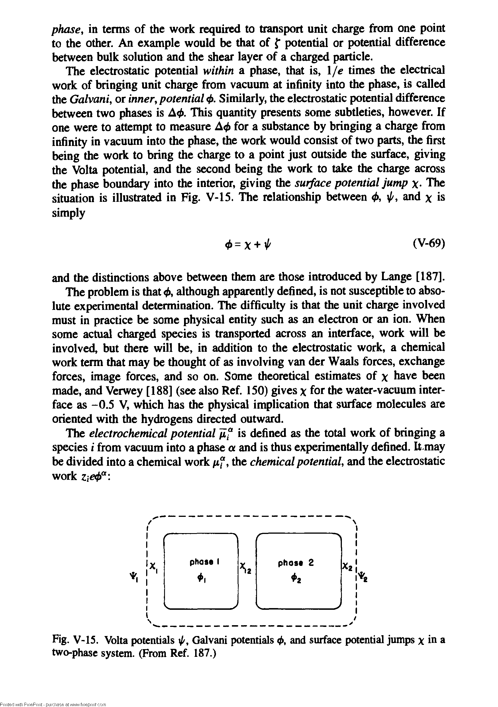 Fig. V-15. Volta potentials Galvani potentials 0, and surface potential jumps x in a two-phase system. (From Ref. 187.)...