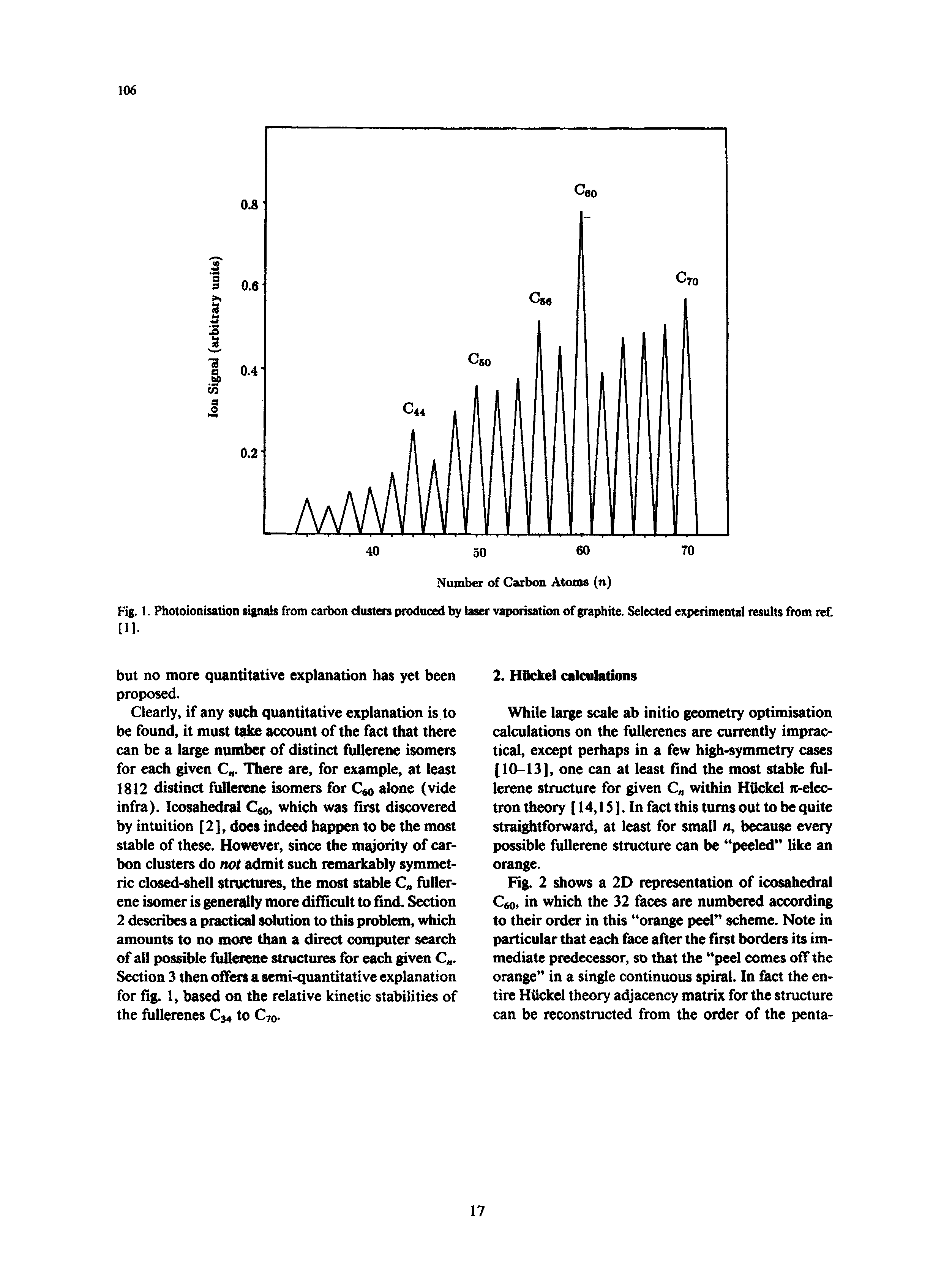 Fig. 1. Photoionisation signals from carbon dusters produced by laser vaporisation of graphite. Selected experimental results from ref. [11.