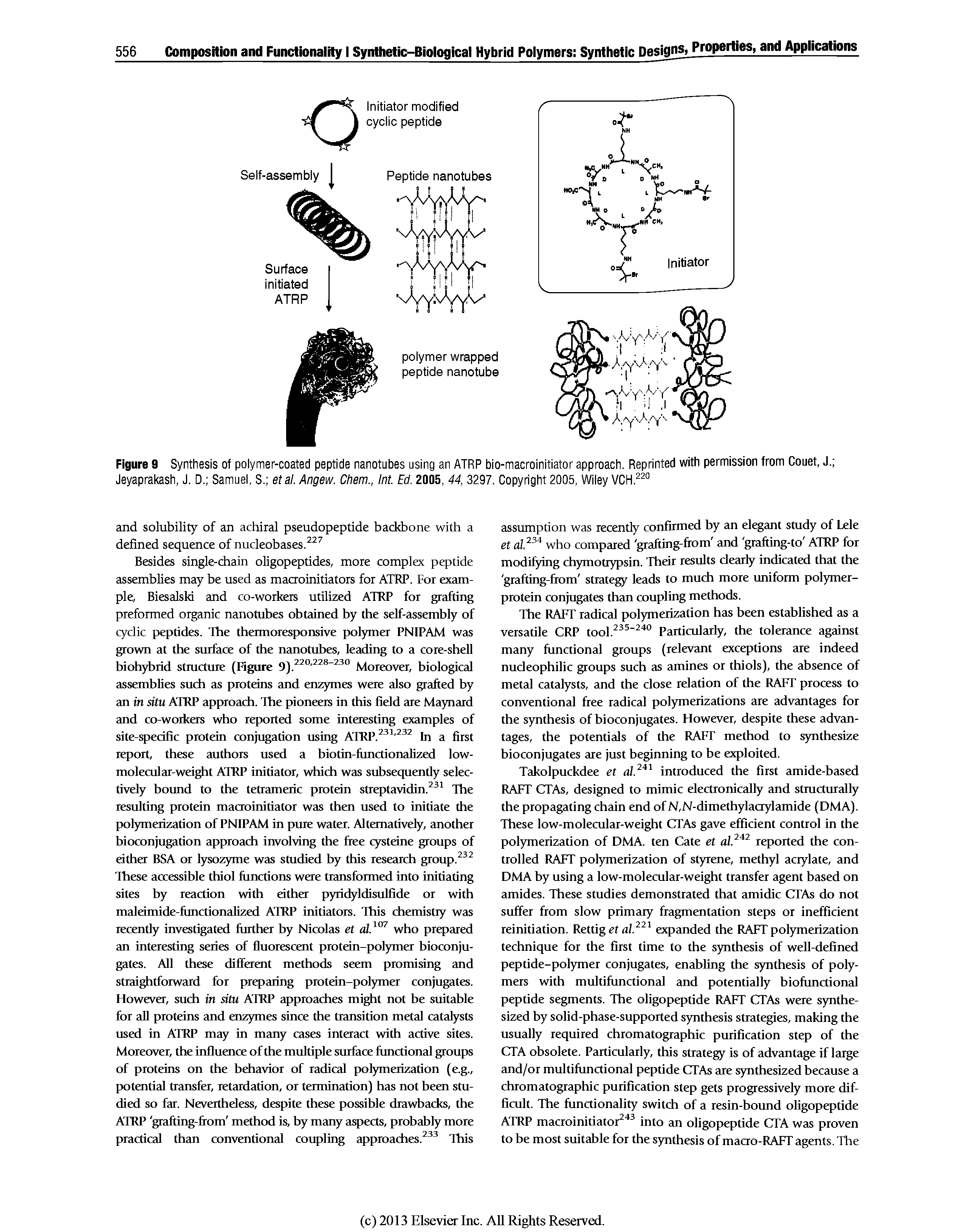 Figure 8 Synthesis of polymer-coated peptide nanotubes using an ATRP bio-macroinitiator approach. Reprinted with permission from Couet, J. Jeyaprakash, J. D. Samuel, S. etal. Angew. Chem., Int. Ed. 2005, 44, 3297. Copyright 2005, Wiley VCH. ...