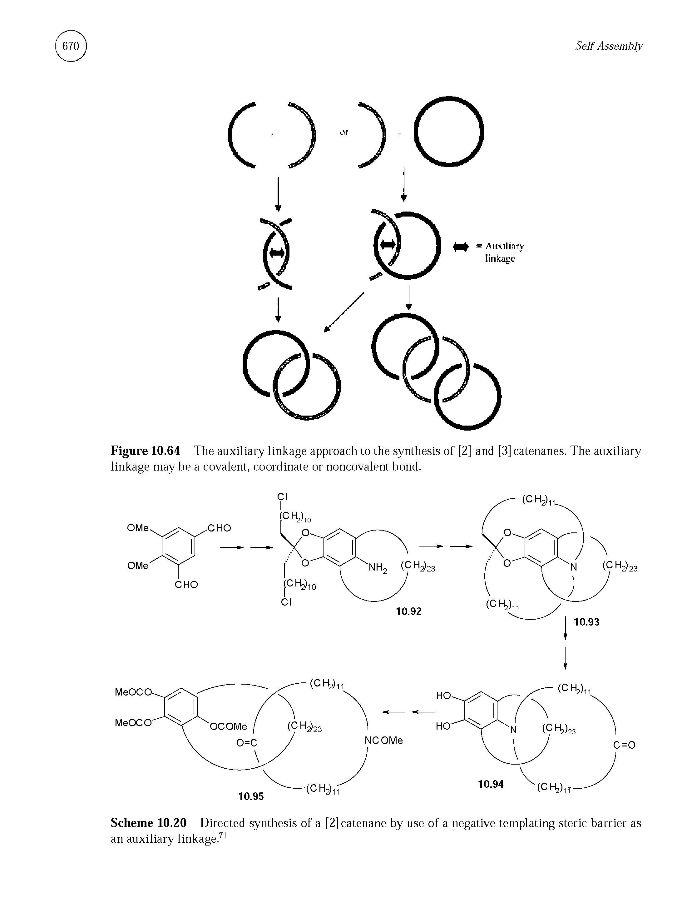 Figure 10.64 The auxiliary linkage approach to the synthesis of [2] and [3] catenanes. The auxiliary linkage may be a covalent, coordinate or noncovalent bond.