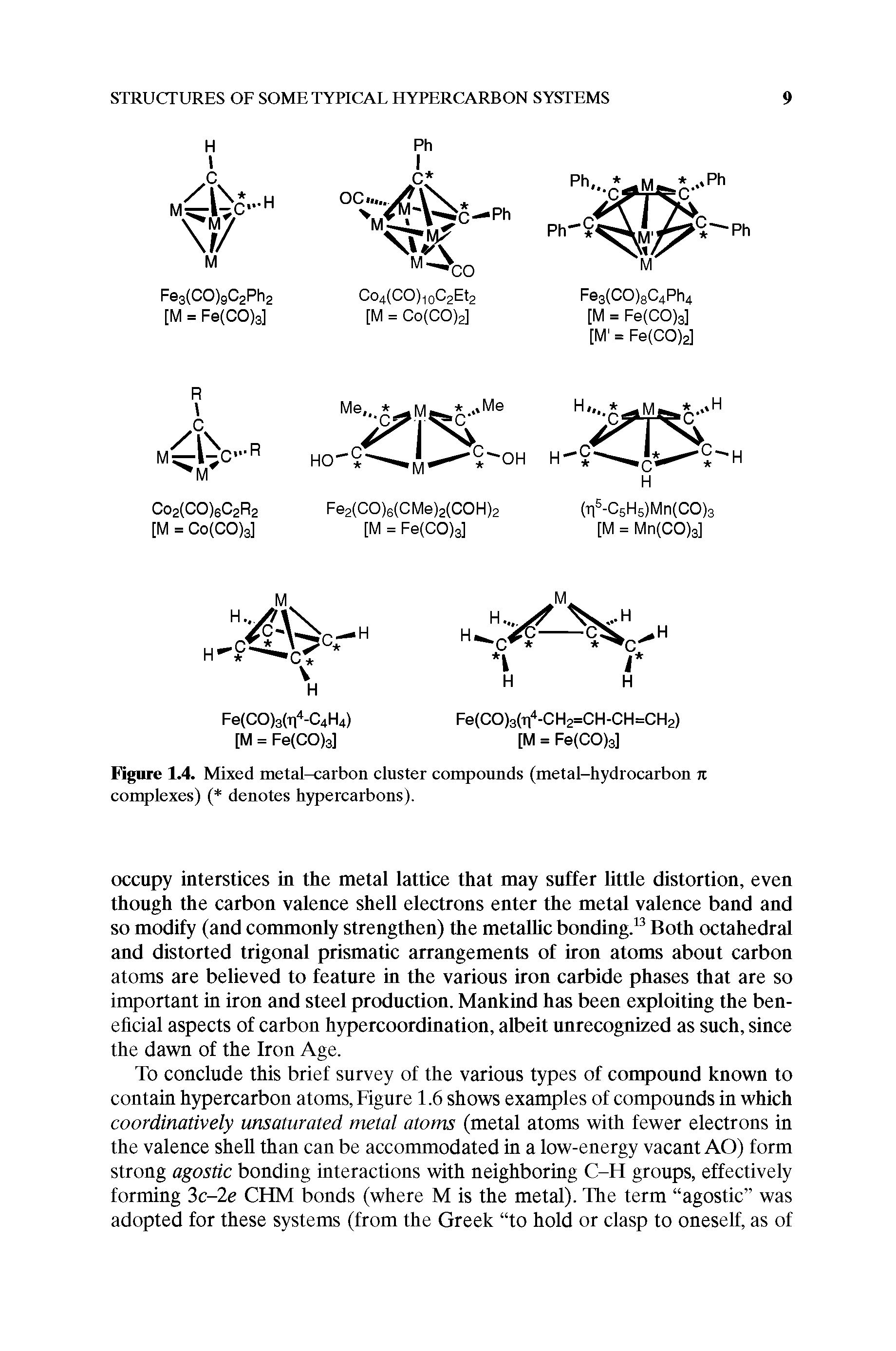 Figure 1.4. Mixed metal-carbon cluster compounds (metal-hydrocarbon n complexes) ( denotes hypercarbons).