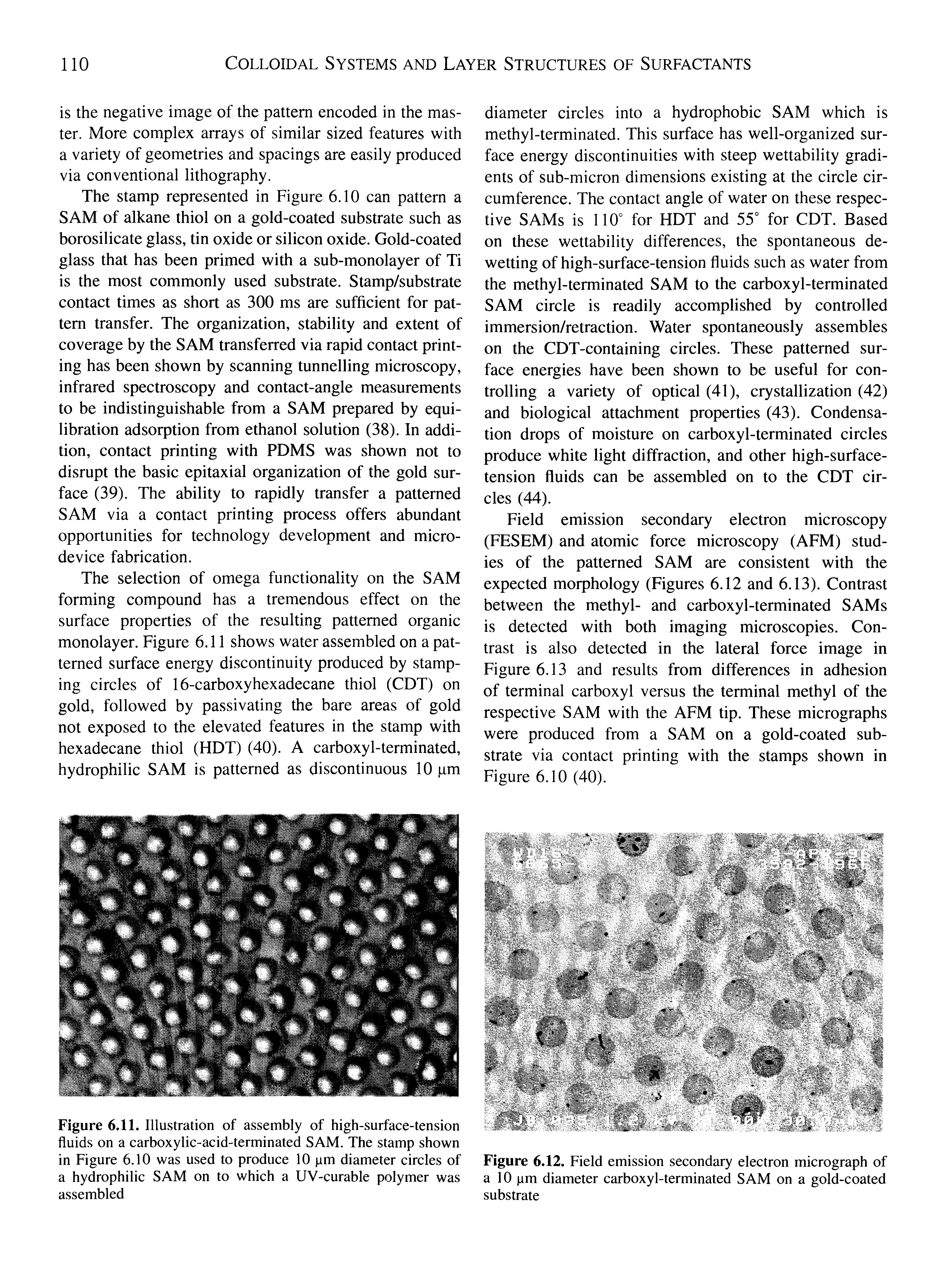 Figure 6.11. Illustration of assembly of high-surface-tension fluids on a carboxylic-acid-terminated SAM. The stamp shown in Figure 6.10 was used to produce 10 pm diameter circles of a hydrophilic SAM on to which a UV-curable polymer was assembled...