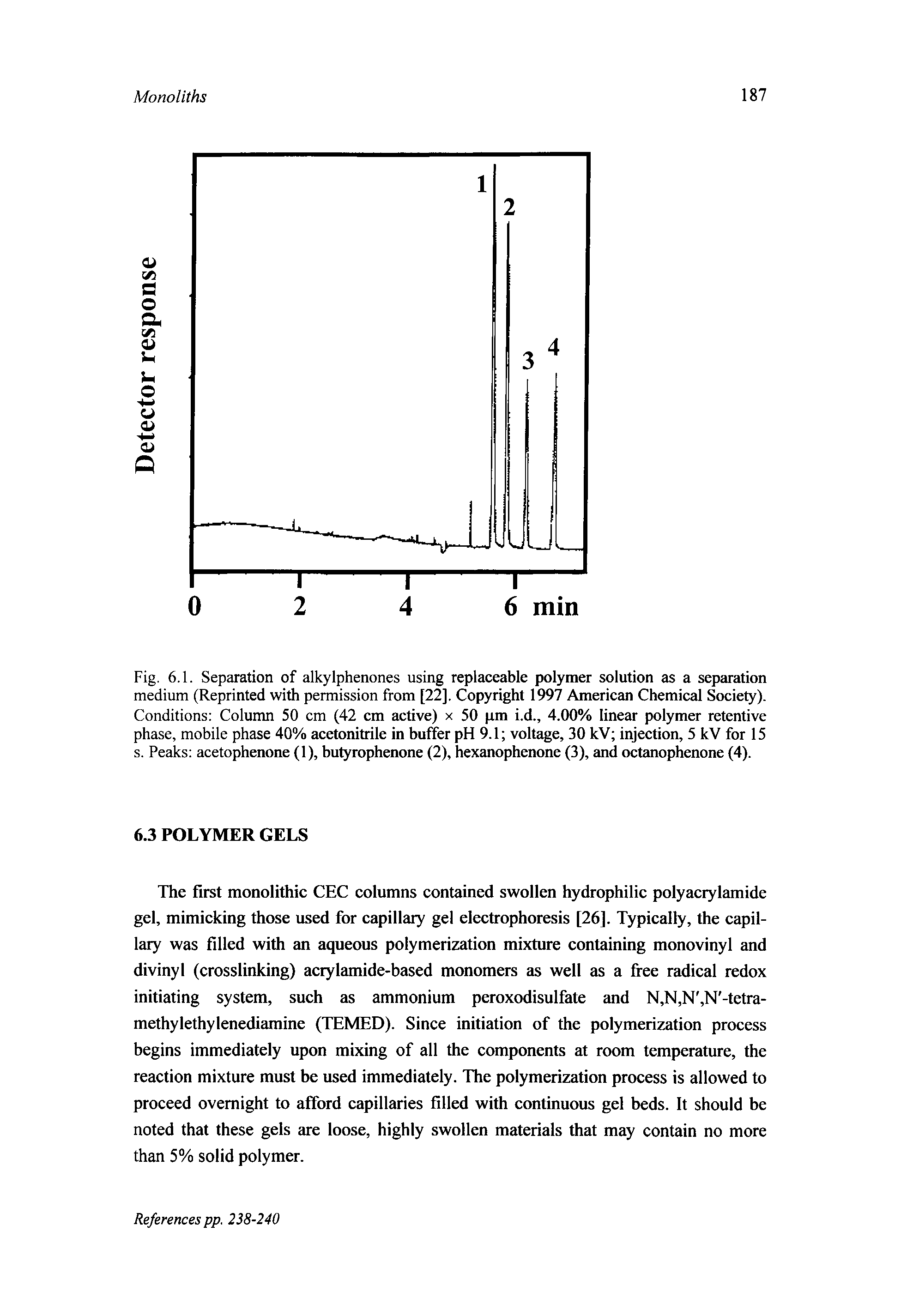 Fig. 6.1. Separation of alkylphenones using replaceable polymer solution as a separation medium (Reprinted with permission from [22]. Copyright 1997 American Chemical Society). Conditions Column 50 cm (42 cm active) x 50 pm i.d., 4.00% linear polymer retentive phase, mobile phase 40% acetonitrile in buffer pH 9.1 voltage, 30 kV injection, 5 kV for 15 s. Peaks acetophenone (1), butyrophenone (2), hexanophenone (3), and octanophenone (4).