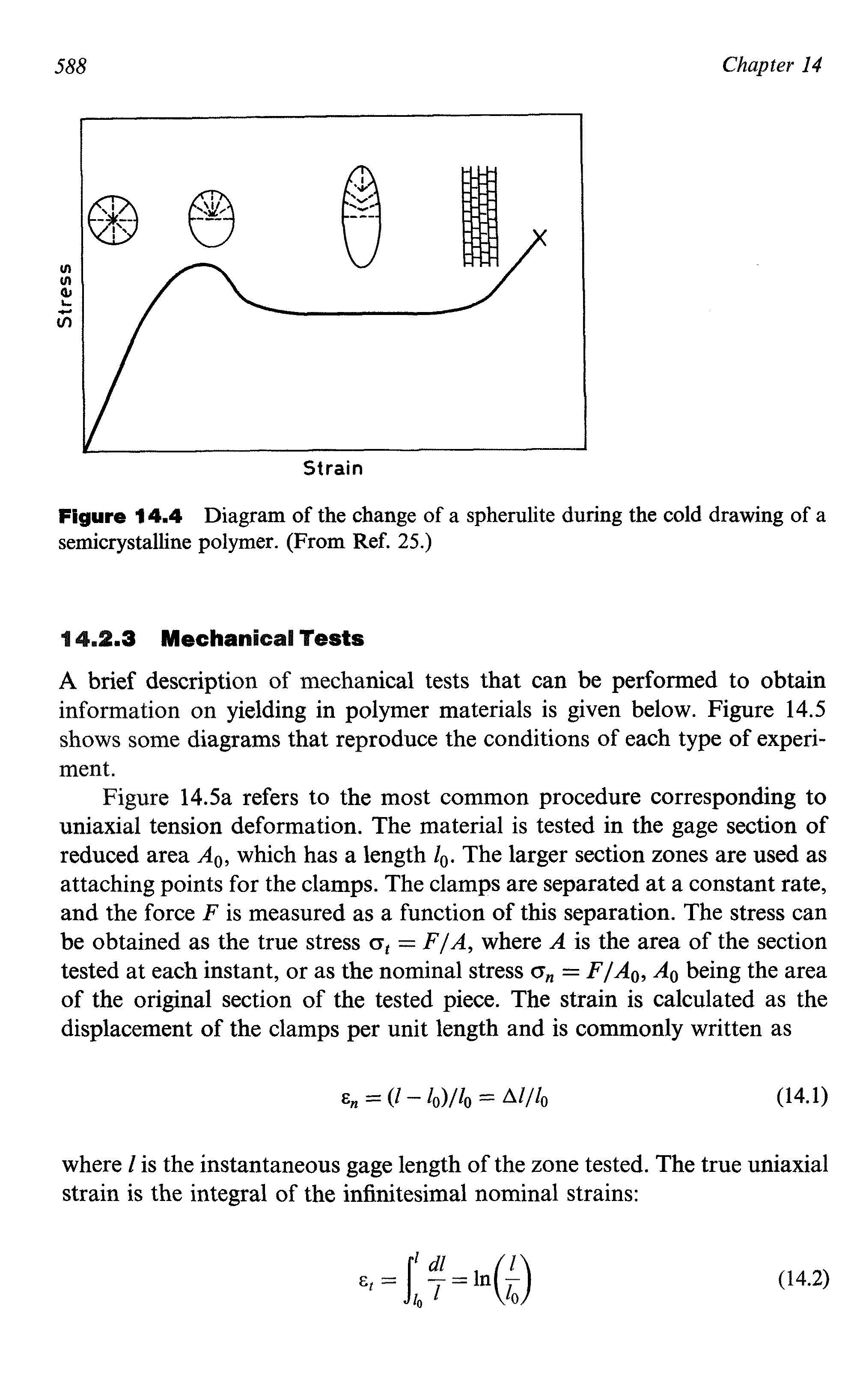 Figure 14.4 Diagram of the change of a spherulite during the cold drawing of a semicrystalline polymer. (From Ref. 25.)...