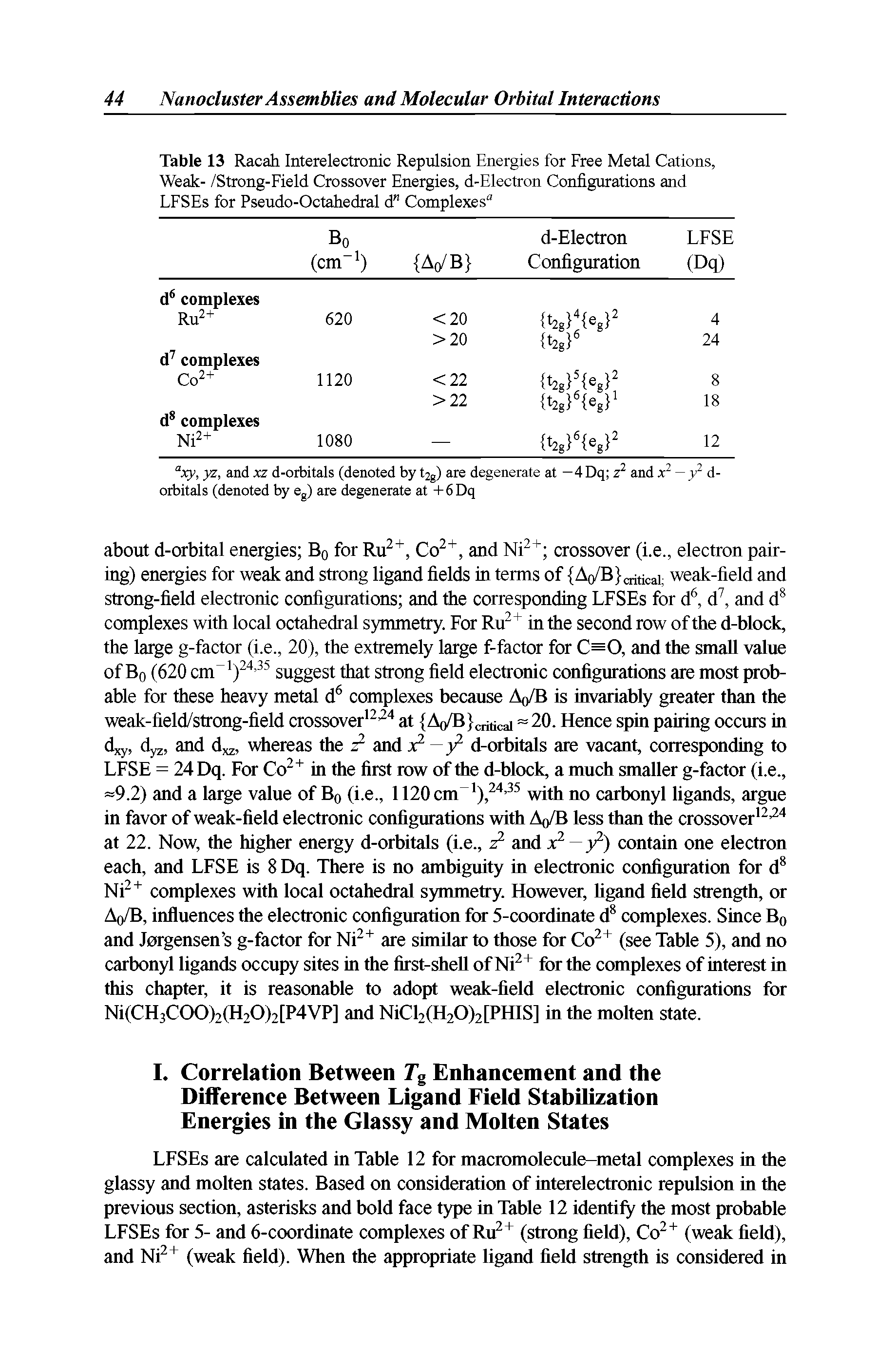 Table 13 Racah Interelectronic Repulsion Energies for Free Metal Cations, Weak- /Strong-Field Crossover Energies, d-Electron Configurations and LFSEs for Pseudo-Octahedral d" Complexes"...