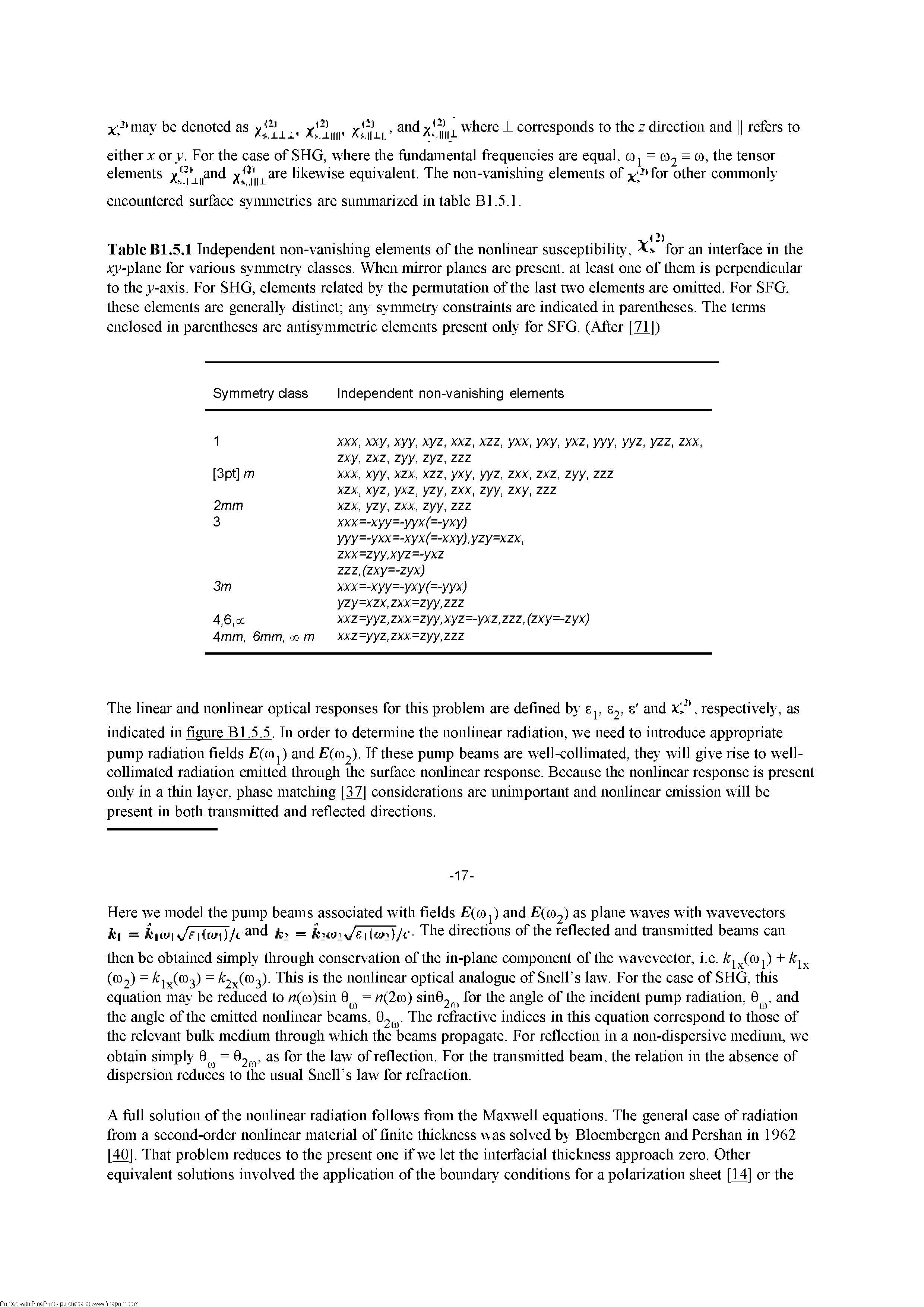 Table Bl.5.1 Independent non-vanishing elements of the nonlinear susceptibility, for an interface in the Ay-plane for various syimnetry classes. When mirror planes are present, at least one of them is perpendicular to they-axis. For SFIG, elements related by the pennutation of the last two elements are omitted. For SFG, these elements are generally distinct any syimnetry constraints are indicated in parentheses. The temis enclosed in parentheses are antisymmetric elements present only for SFG. (After [71])...