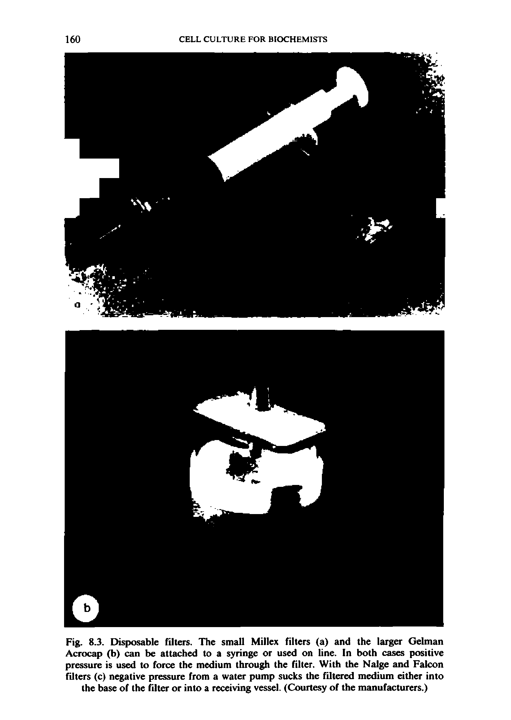 Fig. 8.3. Disposable filters. The small Millex filters (a) and the larger Gelman Acrocap (b) can be attached to a syringe or used on line. In both cases positive pressure is used to force the medium through the filter. With the Nalge and Falcon filters (c) negative pressure from a water pump sucks the filtered medium either into the base of the filter or into a receiving vessel. (Courtesy of the manufacturers.)...