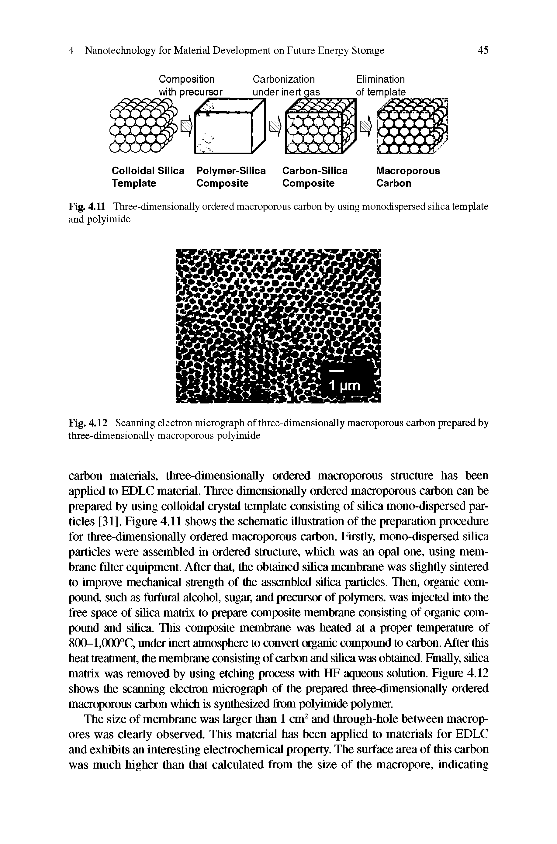 Fig. 4.12 Scanning electron micrograph of three-dimensionally macroporous carbon prepared by three-dimensionally macroporous polyimide...