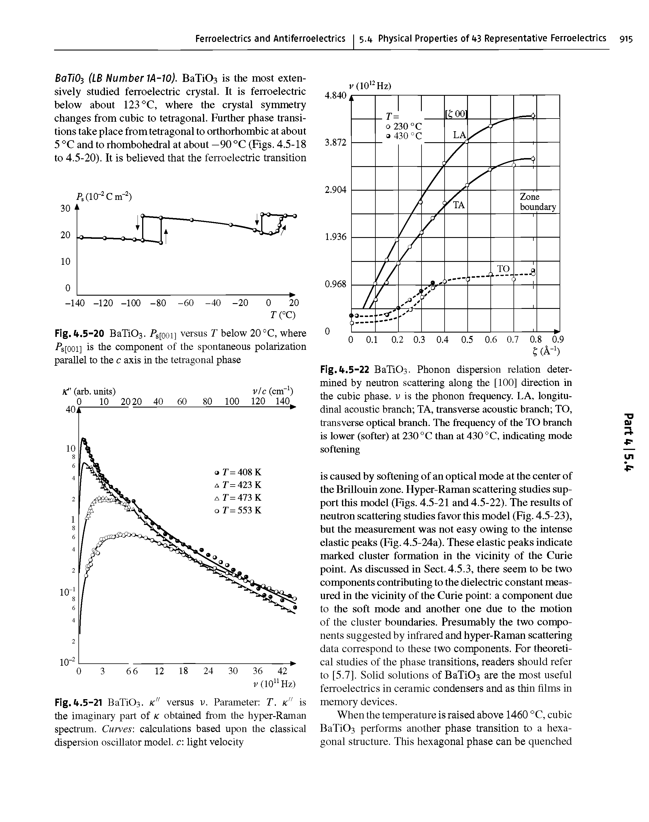 Fig. A.5-22 BaTiOs. Phonon dispersion relation determined by neutron scattering along the [100] direction in the cubic phase, v is the phonon frequency. LA, longitudinal acoustic branch TA, transverse acoustic branch TO, transverse optical branch. The frequency of the TO branch is lower (softer) at 230 °C than at 430 " C, indicating mode softening...