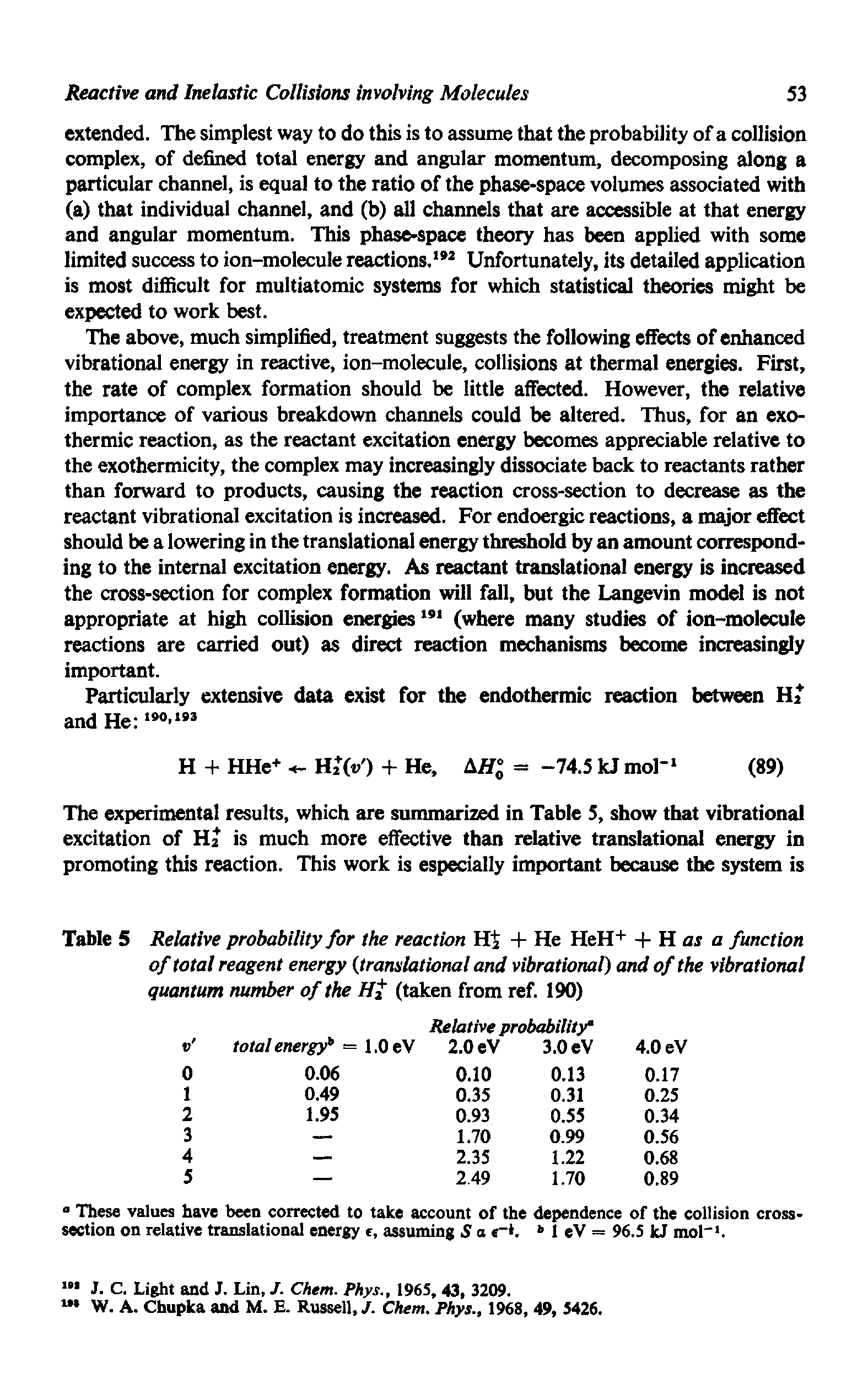 Table 5 Relative probability for the reaction H4 4- He HeH+ - - H ar a function of total reagent energy translational and vibrational) and of the vibrational quantum number of the Hf (taken from ref. 190)...