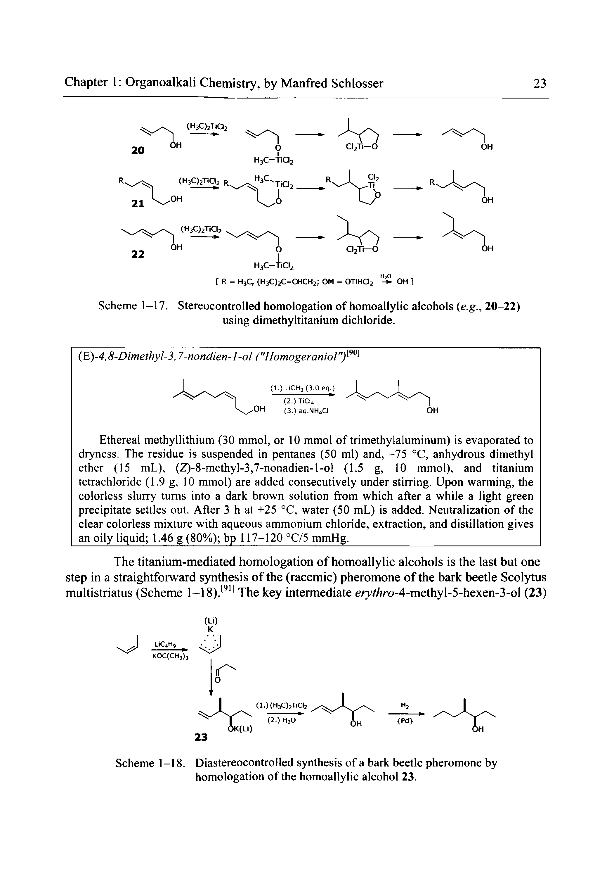 Scheme 1-17. Stereocontrolled homologation of homoallylic alcohols e.g., 20-22) using dimethyltitanium dichloride.