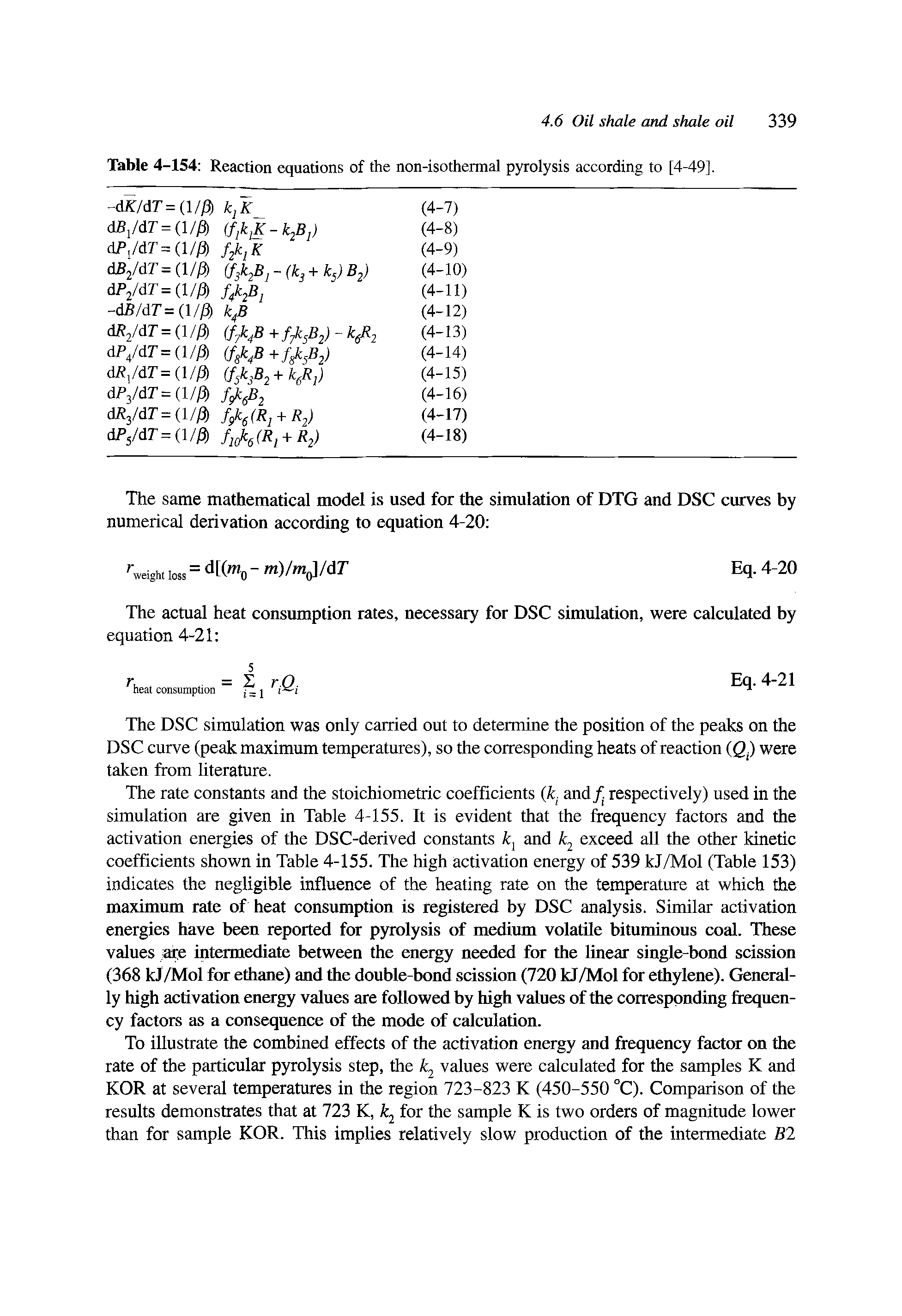 Table 4-154 Reaction equations of the non-isothermal pyrolysis according to [4-49].