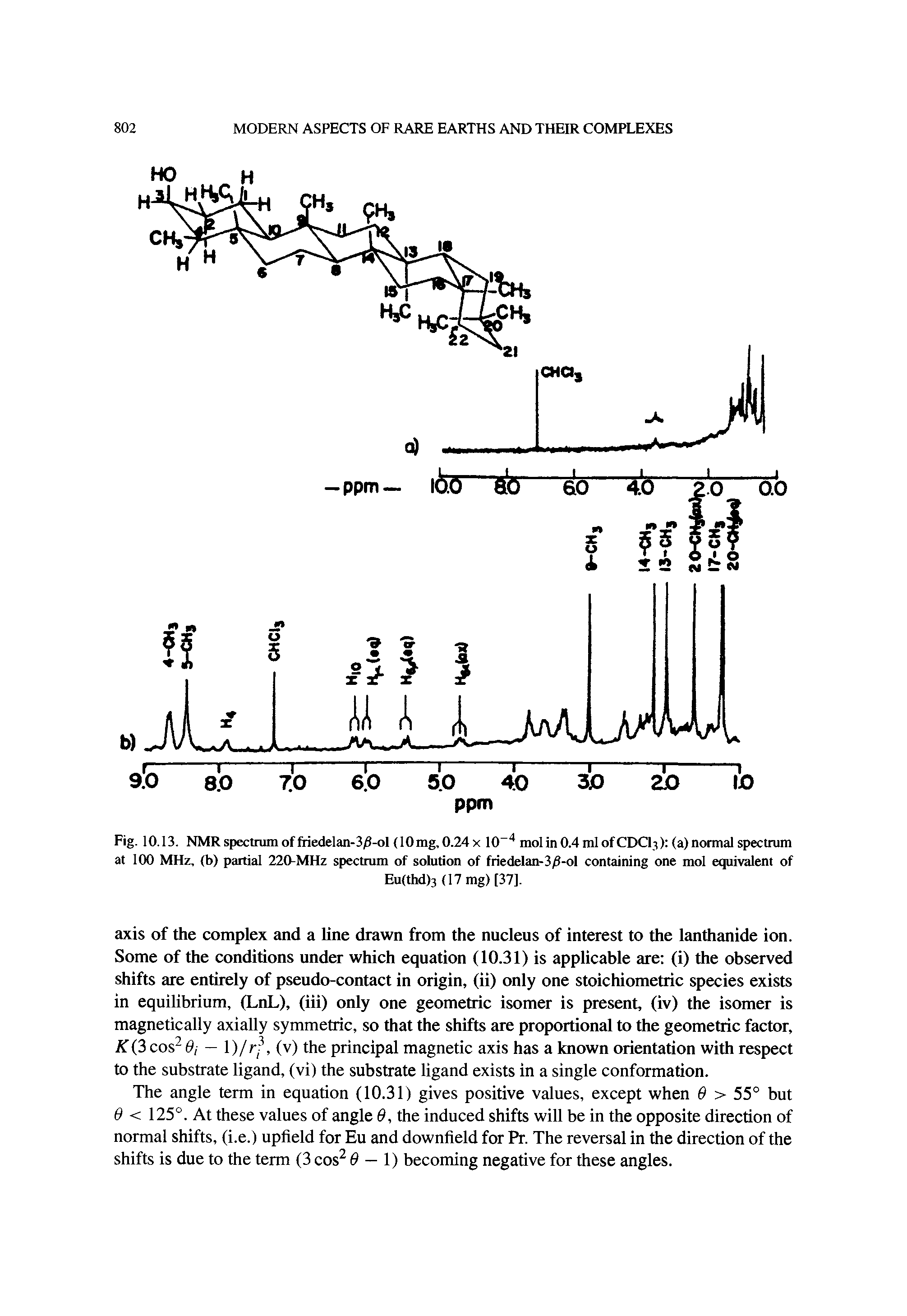 Fig. 10.13. NMR spectrum of friedelan-3/l-ol (10mg, 0.24 x 10-4 mol in 0.4 ml of CDCI3) (a) normal spectrum at 100 MHz, (b) partial 220-MHz spectrum of solution of friedelan-3/l-ol containing one mol equivalent of...