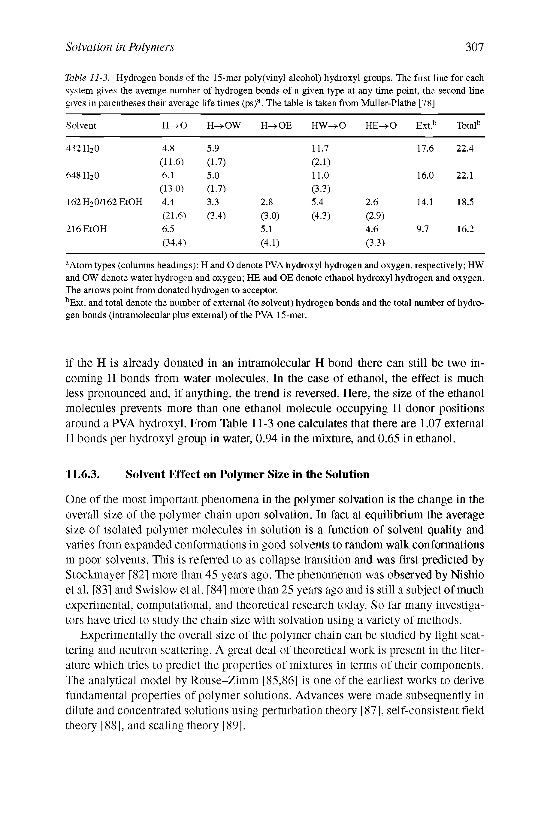 Table 11-3. Hydrogen bonds of the 15-mer poly(vinyl alcohol) hydroxyl groups. The first line for each system gives the average number of hydrogen bonds of a given type at any time point, the second line gives in parentheses their average life times (ps)a. The table is taken from Muller-Plathe [78]...