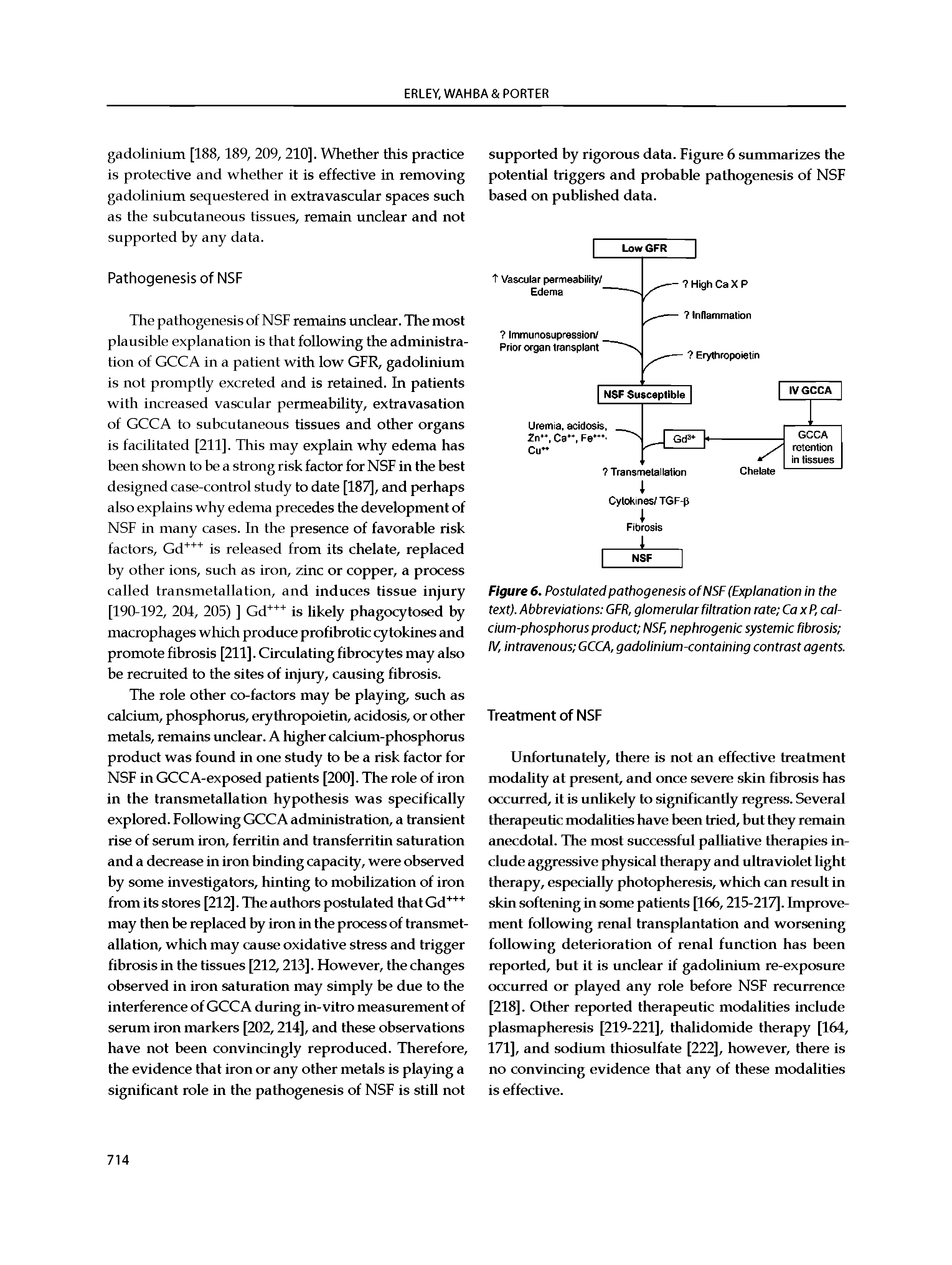 Figure 6. Postulated pathogenesis of NSF (Explanation in the text). Abbreviations GFR, glomerular filtration rate CaxP, calcium-phosphorus product NSF, nephrogenic systemic fibrosis IV, intravenous GCCA, gadolinium-containing contrast agents.