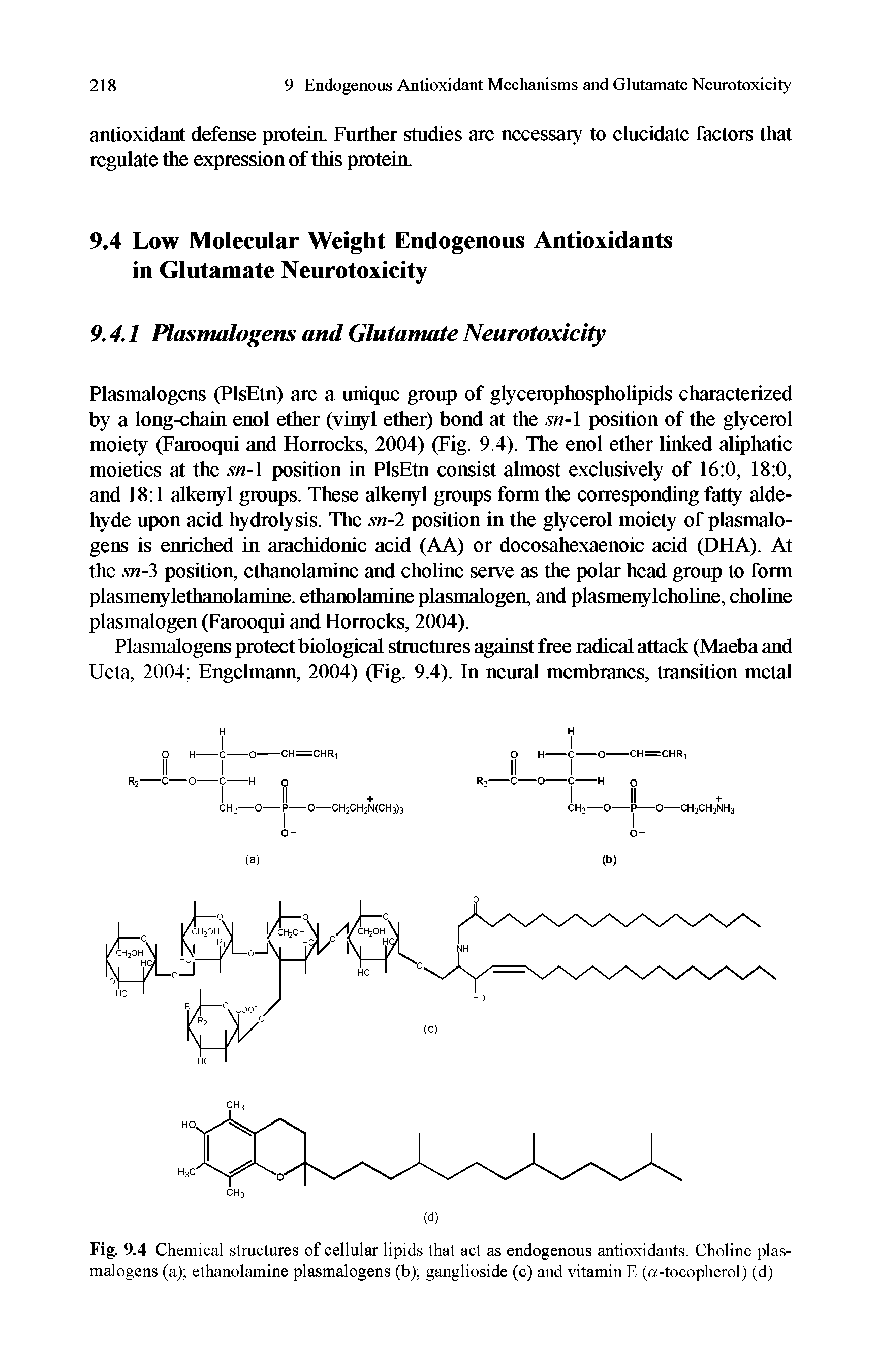 Fig. 9.4 Chemical structures of cellular lipids that act as endogenous antioxidants. Choline plasmalogens (a) ethanolamine plasmalogens (b) ganglioside (c) and vitamin E (a-tocopherol) (d)...