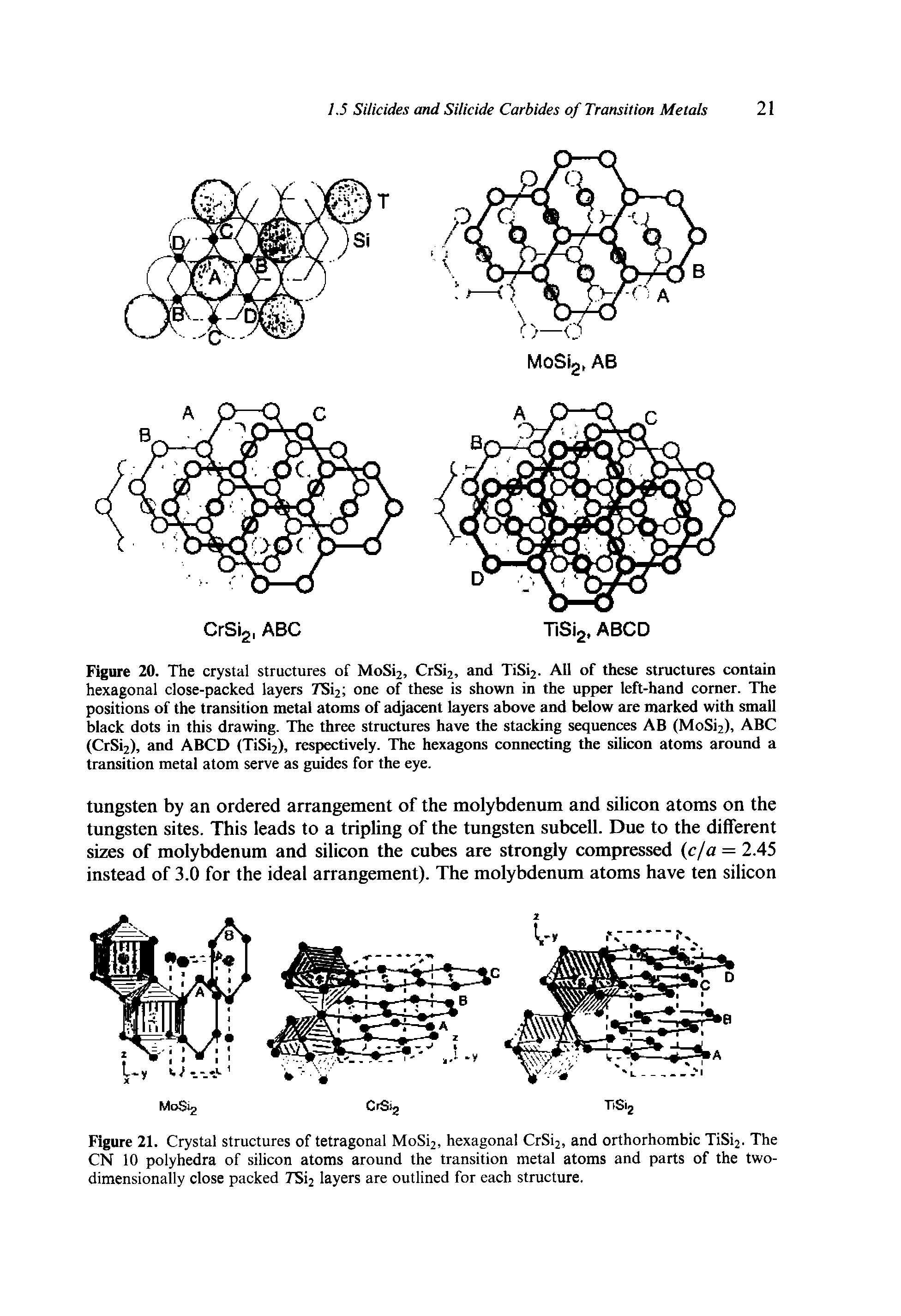 Figure 21. Crystal structures of tetragonal MoSi2, hexagonal CrSi2, and orthorhombic TiSi2. The CN 10 polyhedra of silicon atoms around the transition metal atoms and parts of the two-dimensionally close packed TSi2 layers are outlined for each structure.