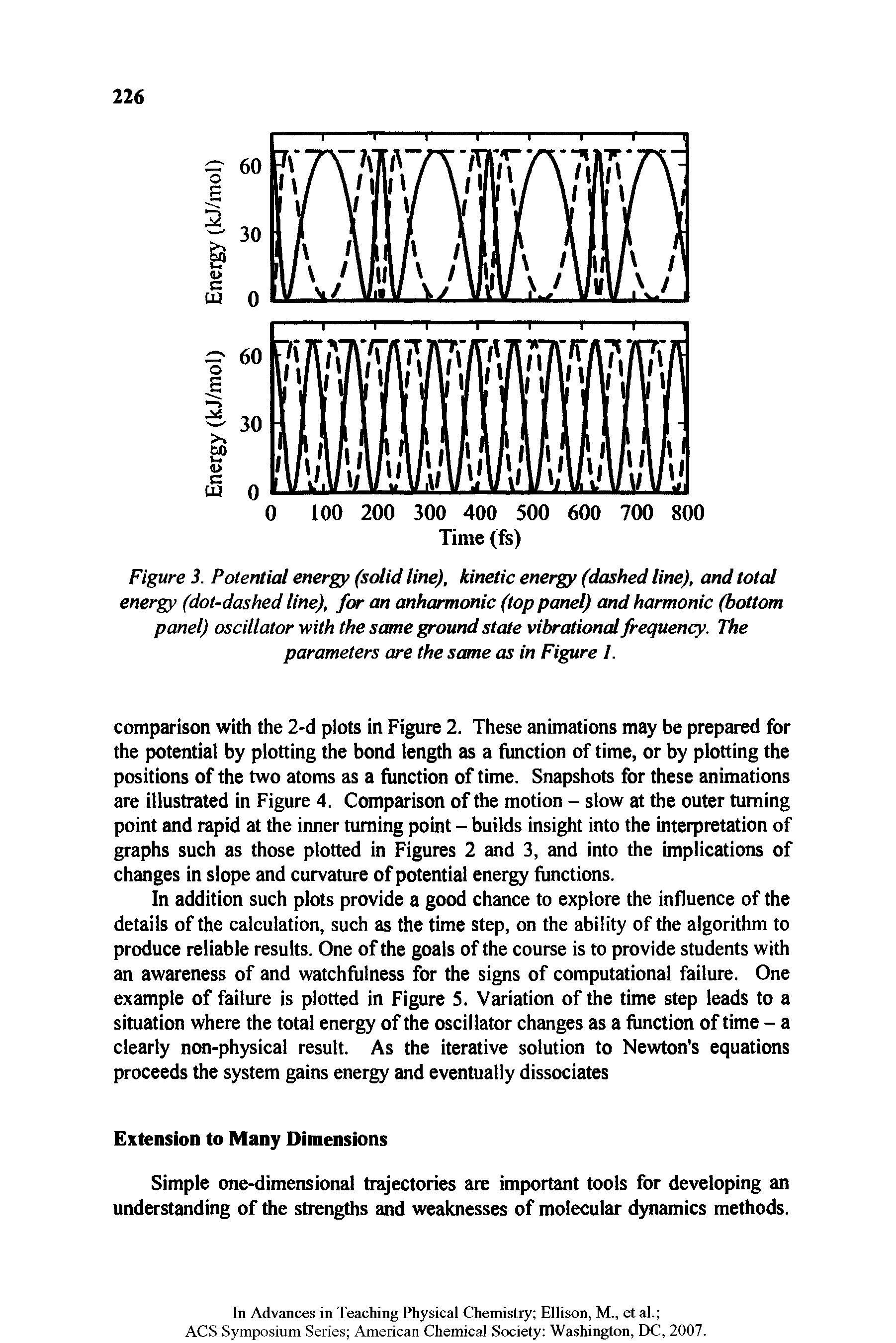 Figure 3. Potential energy (solid line), kinetic energy (dashed line), and total energy (dot-dashed line), for an anharmonic (top panel) and harmonic (bottom panel) oscillator with the same ground state vibrational frequency. The parameters are the same as in Figure I.