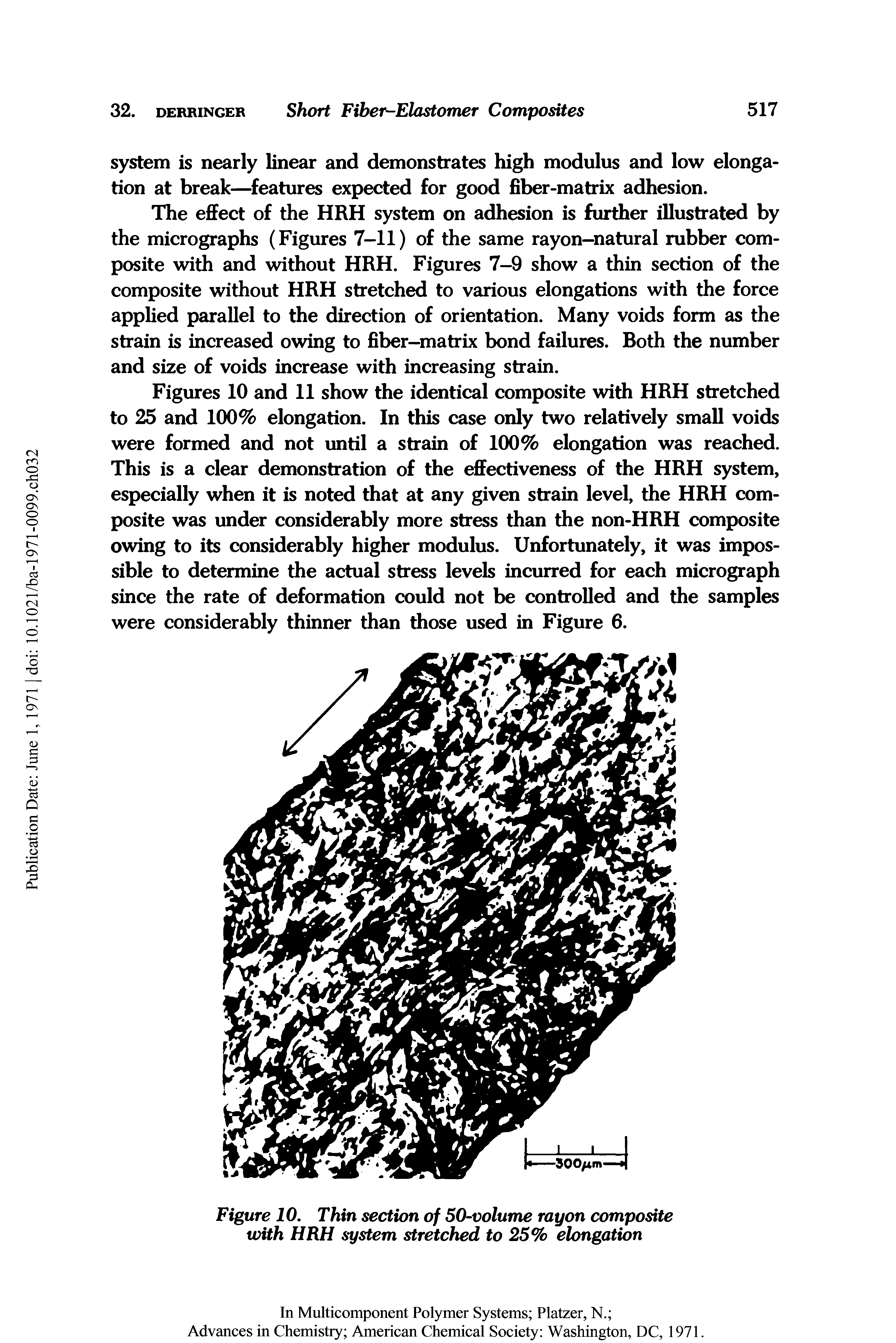Figures 10 and 11 show the identical composite with HRH stretched to 25 and 100% elongation. In this case only two relatively small voids were formed and not until a strain of 100% elongation was reached. This is a clear demonstration of the effectiveness of the HRH system, especially when it is noted that at any given strain level, the HRH composite was under considerably more stress than the non-HRH composite owing to its considerably higher modulus. Unfortunately, it was impossible to determine the actual stress levels incurred for each micrograph since the rate of deformation could not be controlled and the samples were considerably thinner than those used in Figure 6.