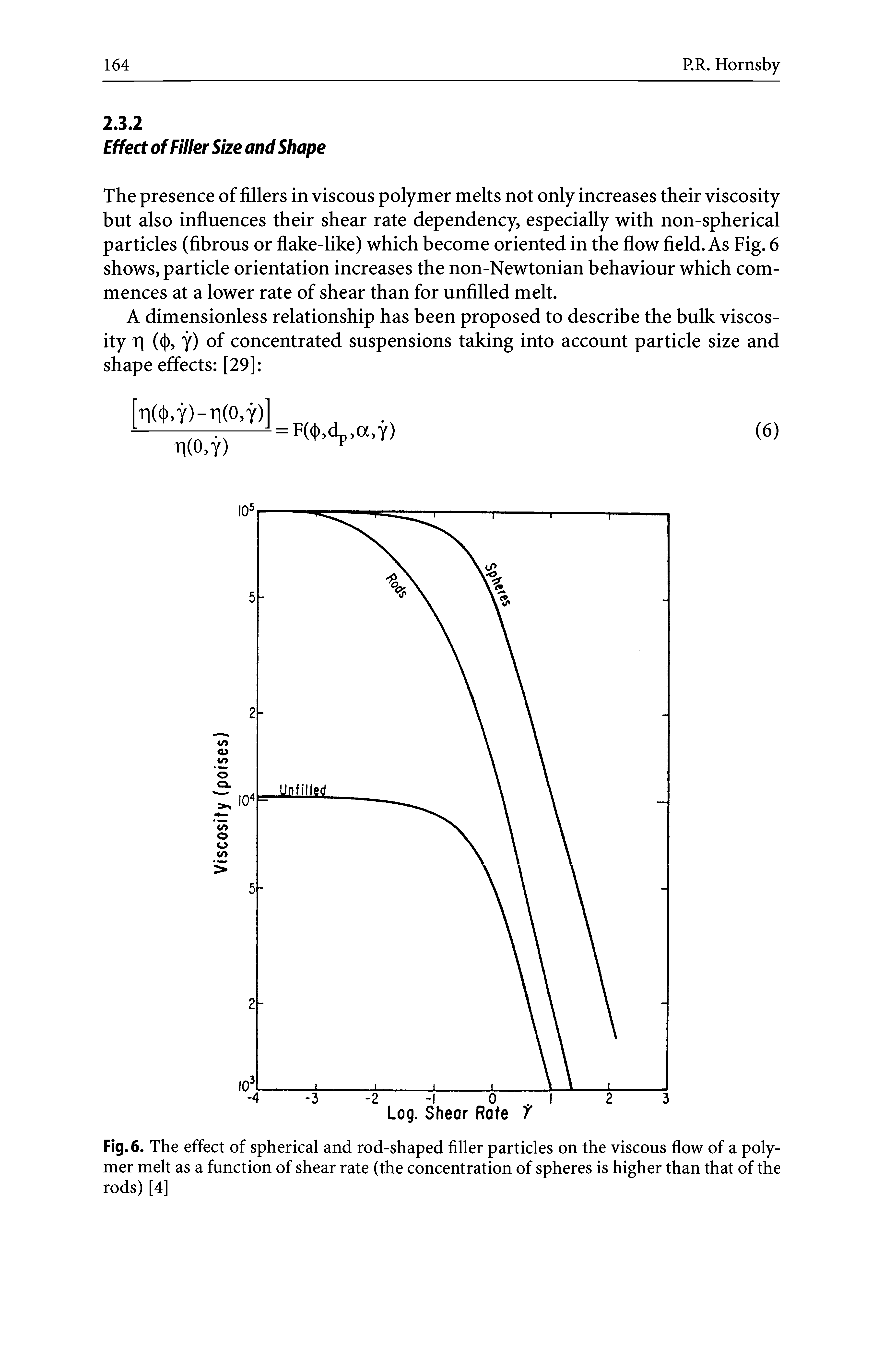 Fig. 6. The effect of spherical and rod-shaped filler particles on the viscous flow of a polymer melt as a function of shear rate (the concentration of spheres is higher than that of the rods) [4]...