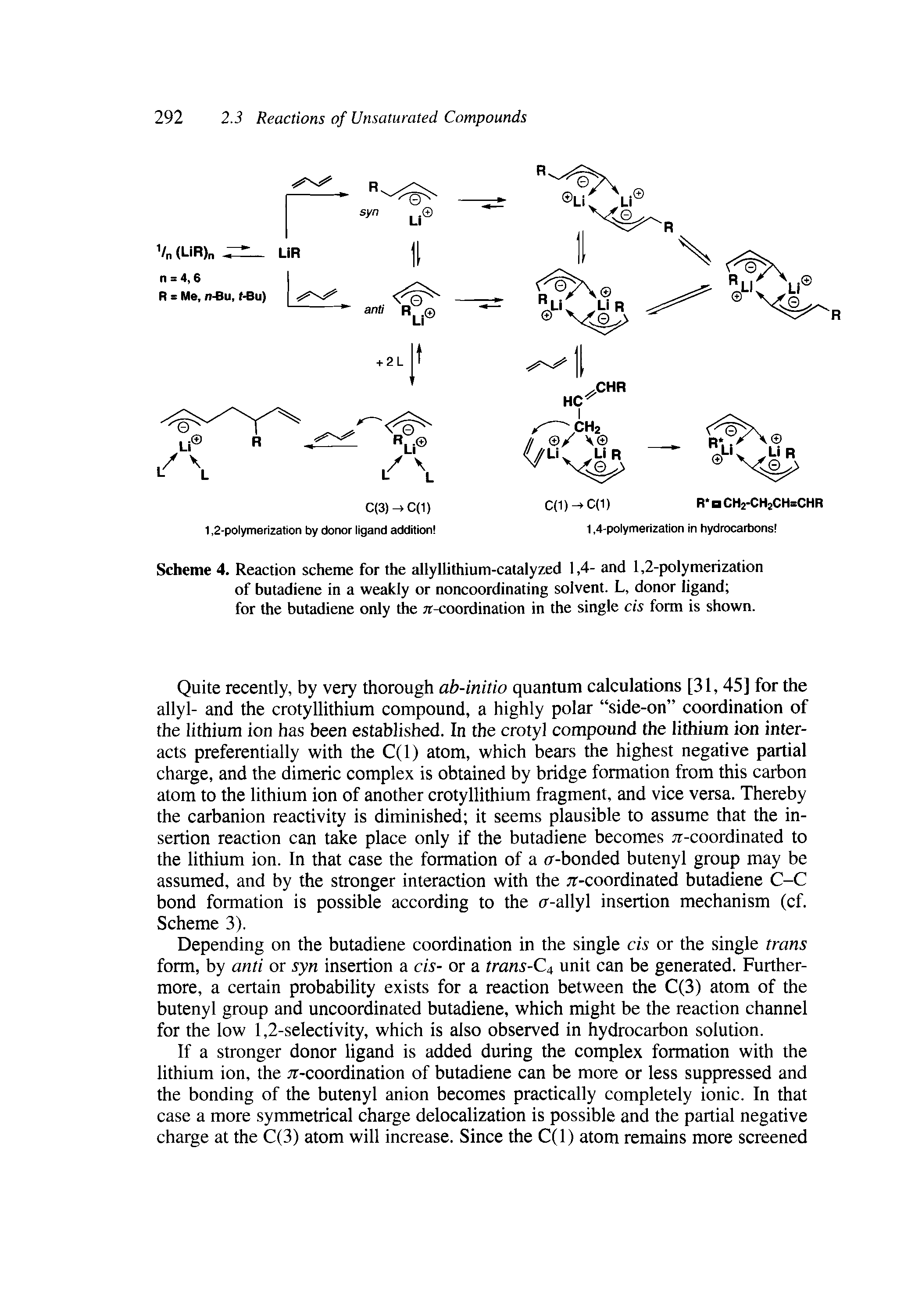 Scheme 4. Reaction scheme for the allyllithium-catalyzed 1,4- and 1,2-polymerization of butadiene in a weakly or noncoordinating solvent. L, donor ligand for the butadiene only the jr-coordination in the single cis form is shown.
