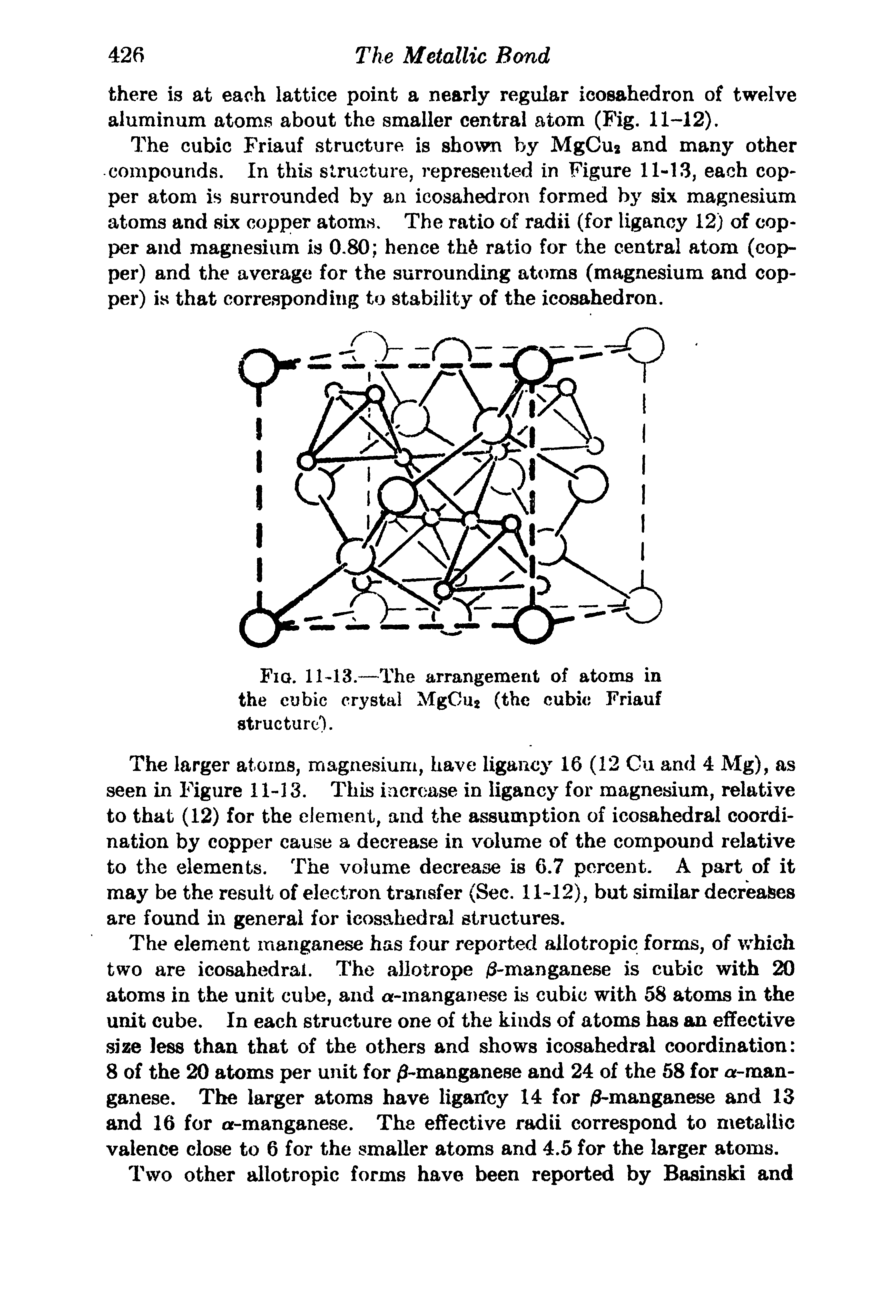 Fig. 11-13.—The arrangement of atoms in the cubic crystal MgCu2 (the cubic Friauf structure).
