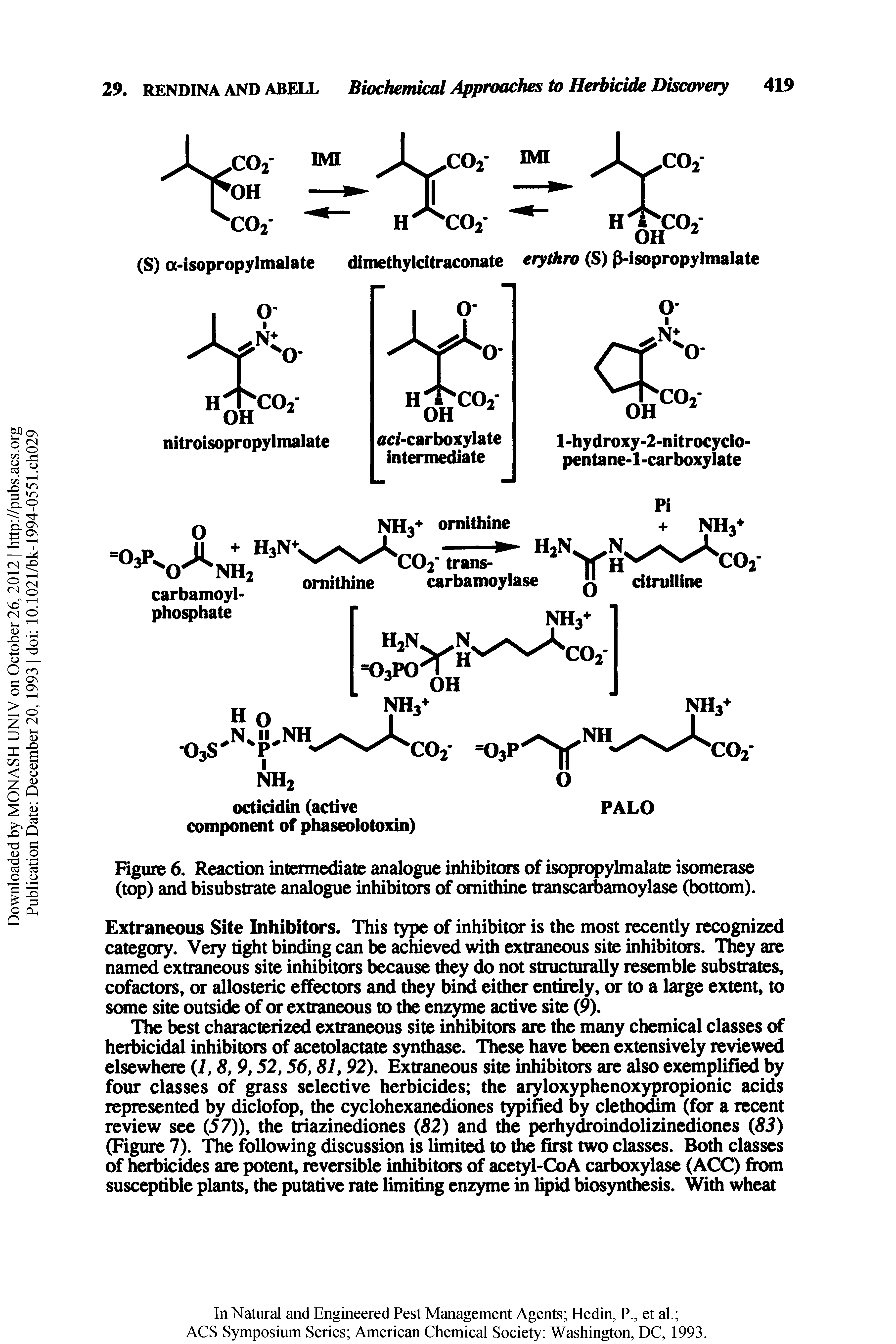 Figure 6. Reaction intermediate analogue inhibitors of isopropylmalate isomeiase (top) and bisubstrate analogue inhibitors of ornithine transcarbamoylase (bottom).