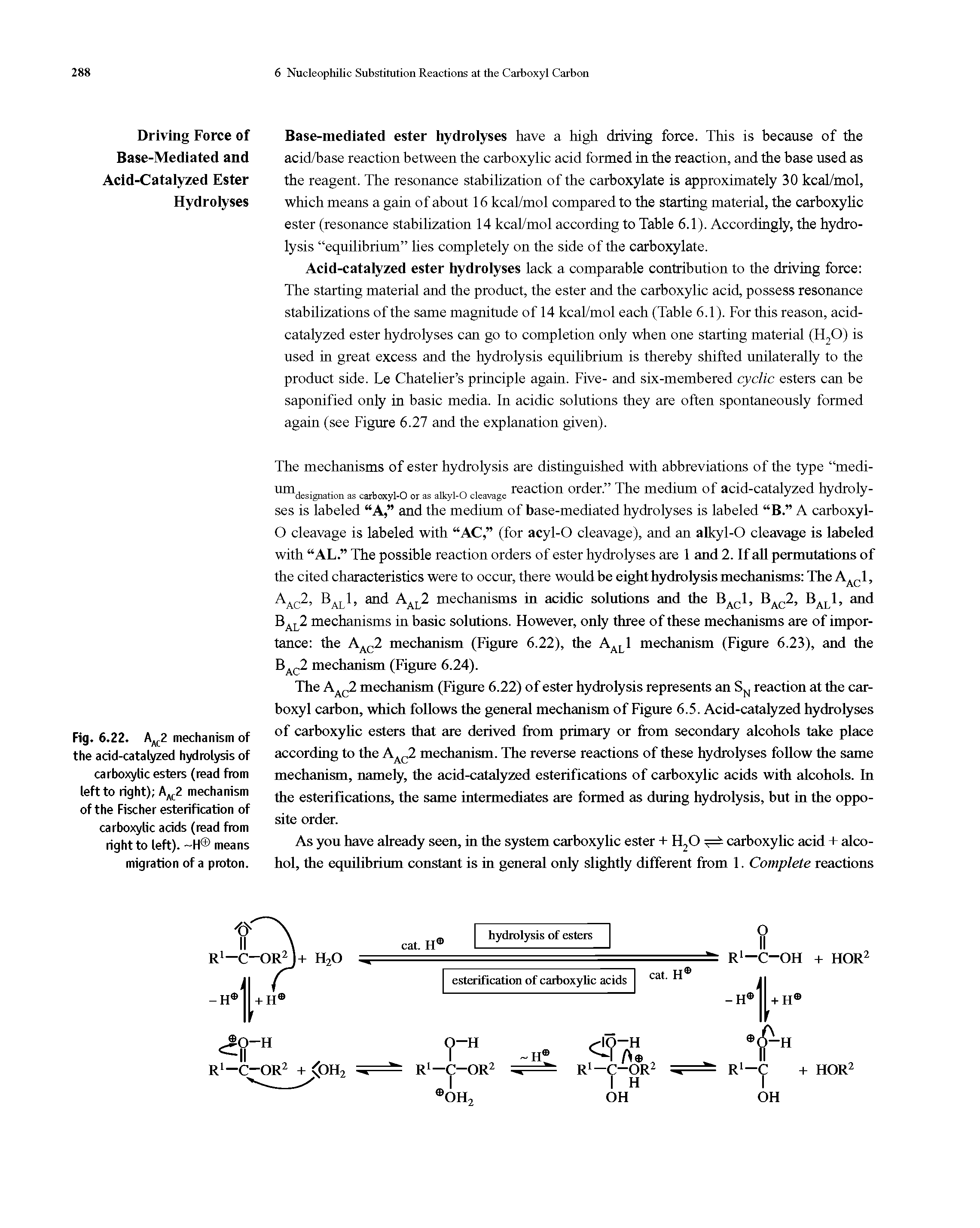 Fig. 6. 22. Aa[2 mechanism of the acid-catalyzed hydrolysis of carboxylic esters (read from left to right) Aa[2 mechanism of the Fischer esterification of carboxylic acids (read from right to left). H means migration of a proton.