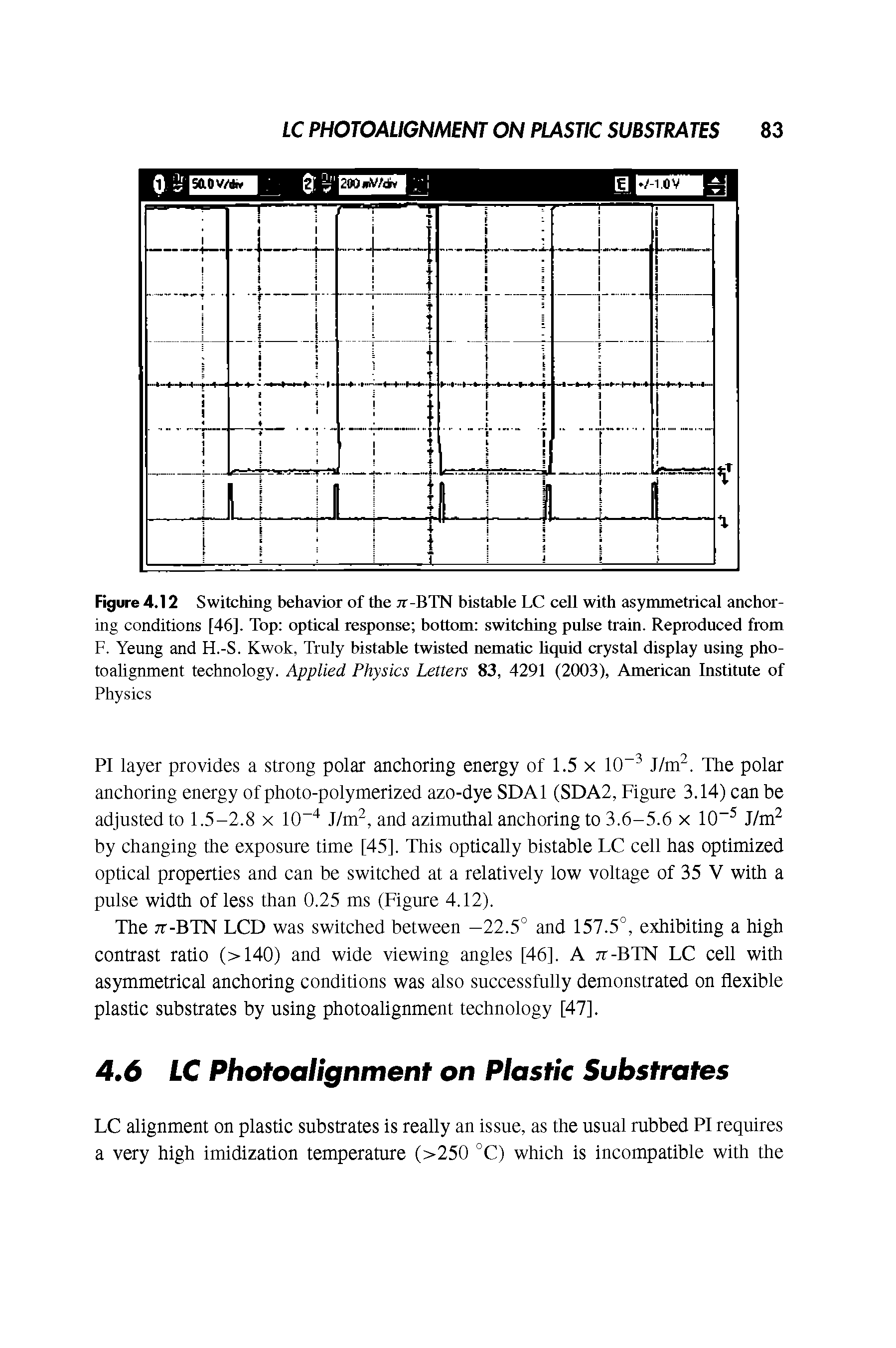 Figure 4.12 Switching behavior of the jr-BTN bistable LC cell with asymmetrical anchoring conditions [46]. Top optical response bottom switching pulse train. Reproduced from F. Yeung and H.-S. Kwok, Truly bistable twisted nematic liquid crystal display using photoalignment technology. Applied Physics Letters 83, 4291 (2003), American Institute of Physics...