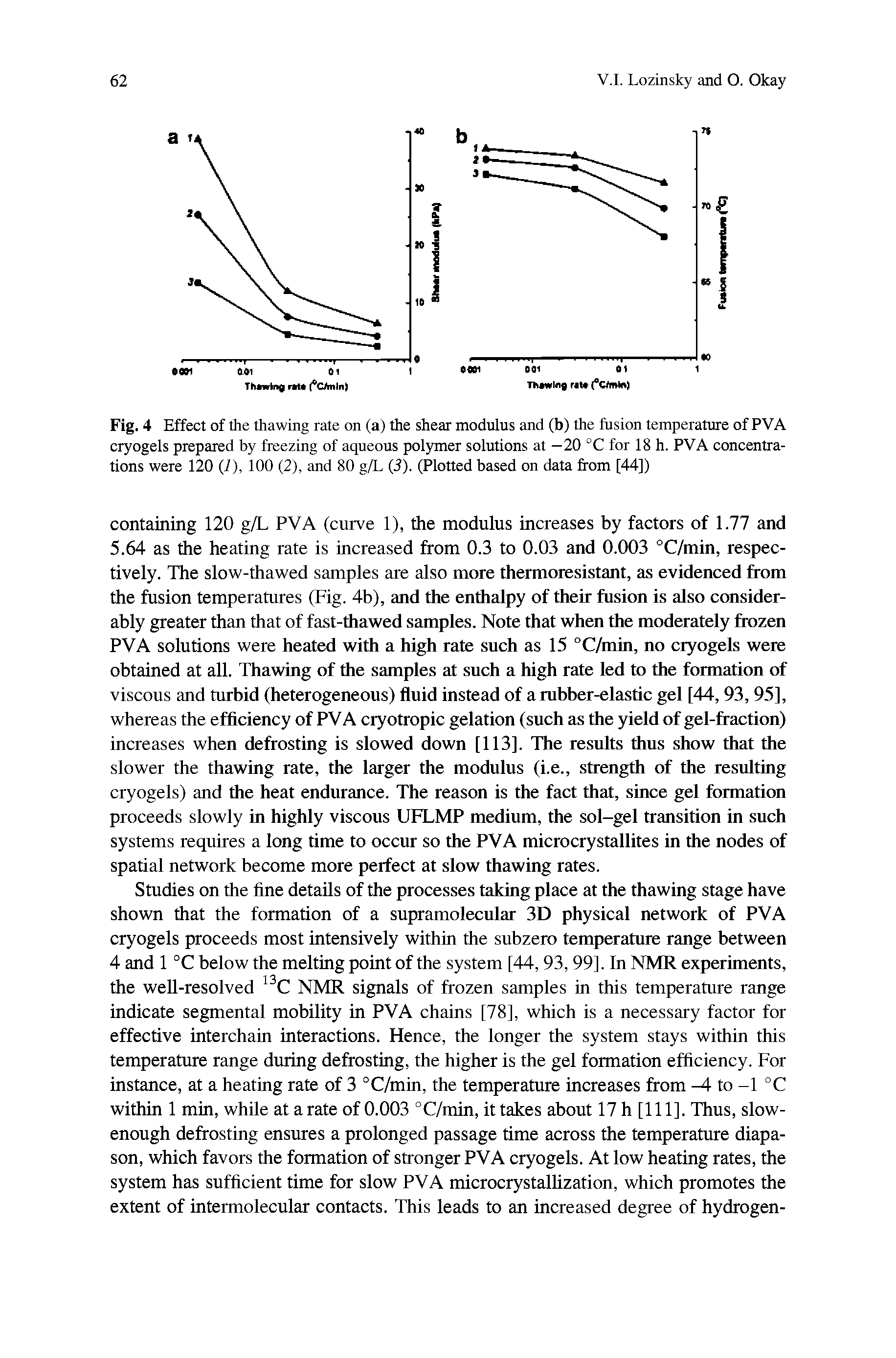 Fig. 4 Effect of the thawing rate on (a) the shear modulus and (b) the fusion temperature of PVA cryogels prepared by freezing of aqueous polymer solutions at —20 °C for 18 h. PVA concentrations were 120 (i), 100 (2), and 80 g/L (3). (Plotted based on data from [44])...