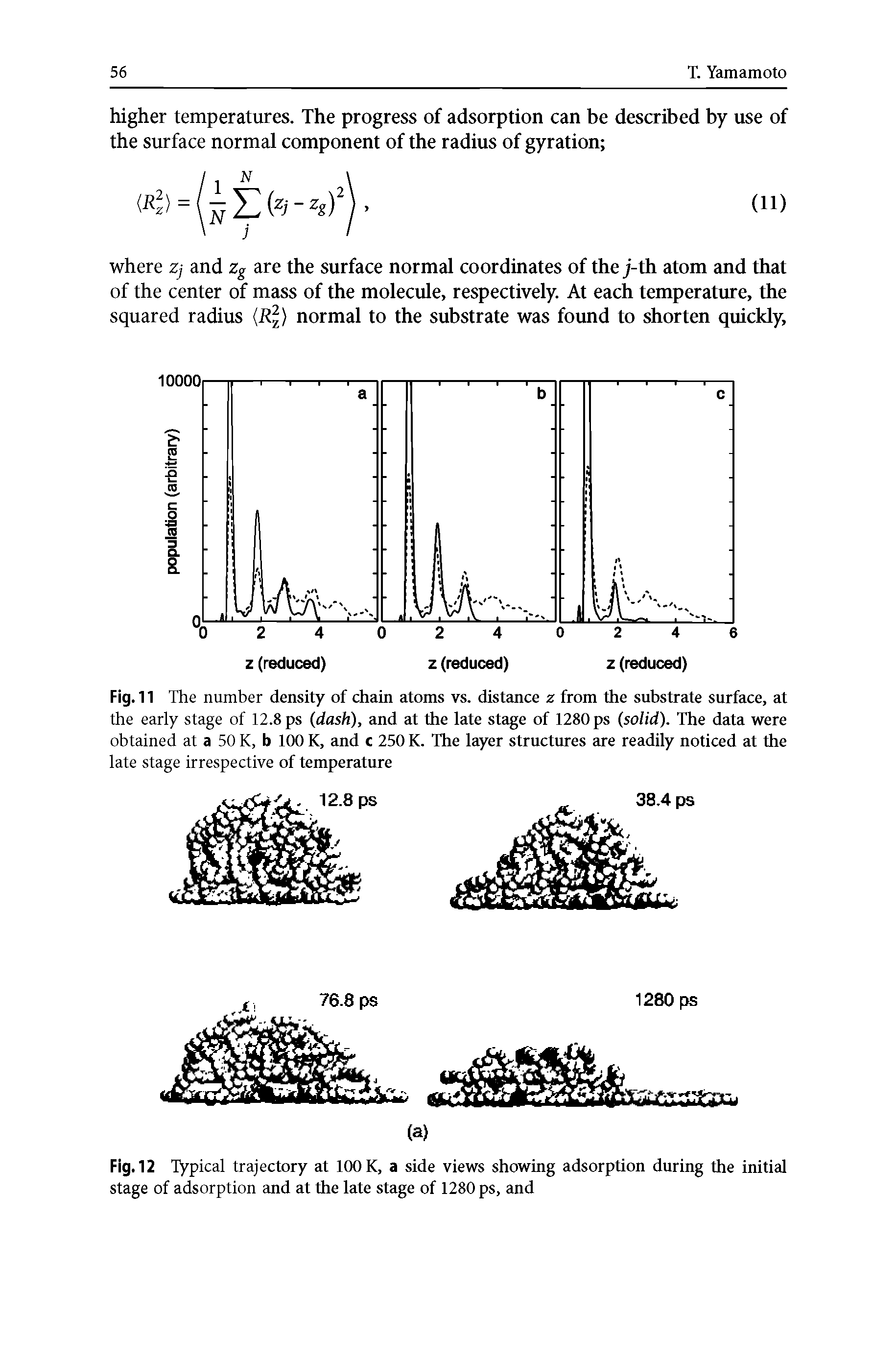 Fig. 12 Typical trajectory at 100 K, a side views showing adsorption during the initial stage of adsorption and at the late stage of 1280 ps, and...