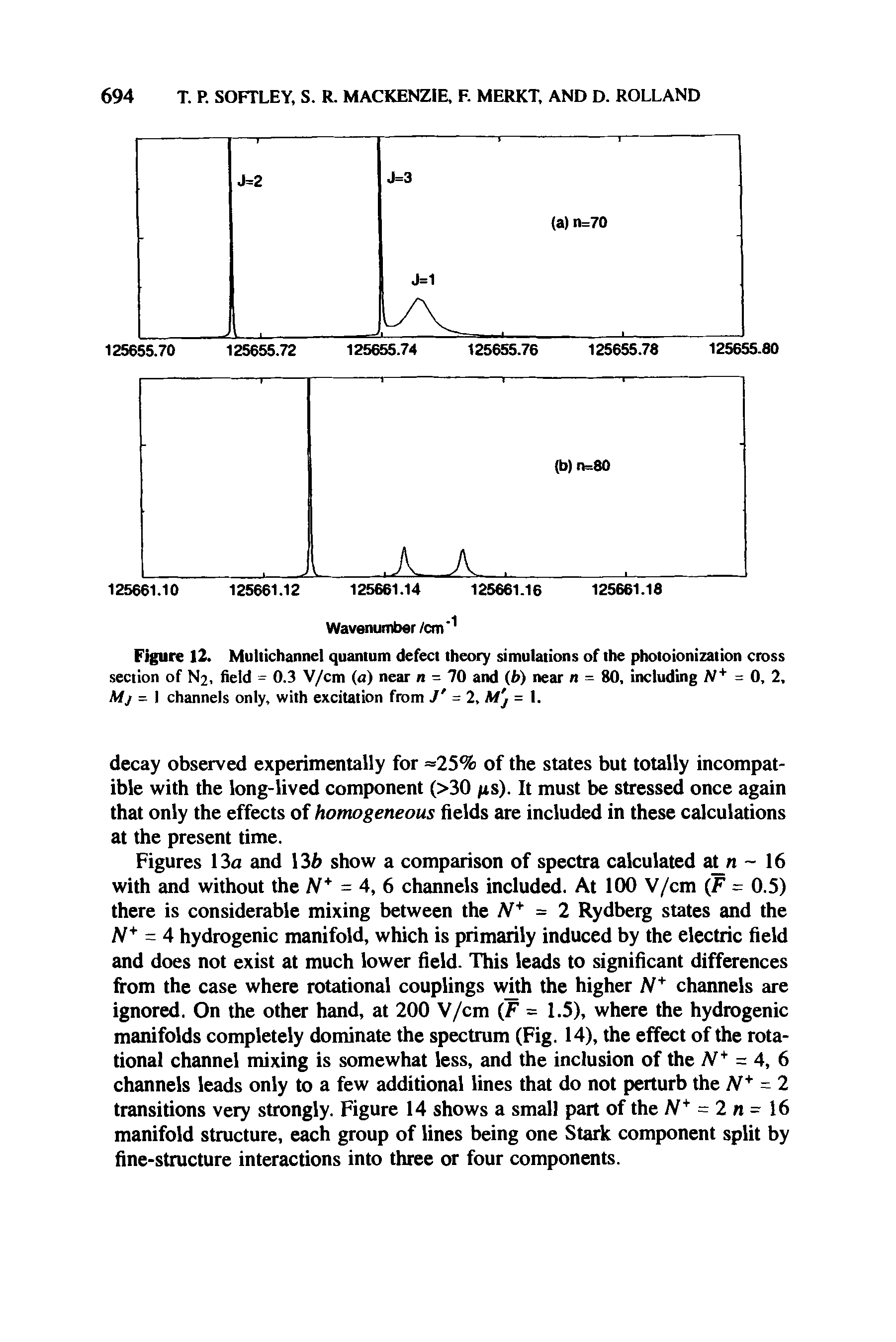 Figure 12. Multichannel quantum defect theory simulations of the photoionization cross section of N2, field = 0.3 V/cm (a) near n - 70 and (b) near n = 80, including N = 0, 2, Mj = I channels only, with excitation from J = 2, Mj = 1.